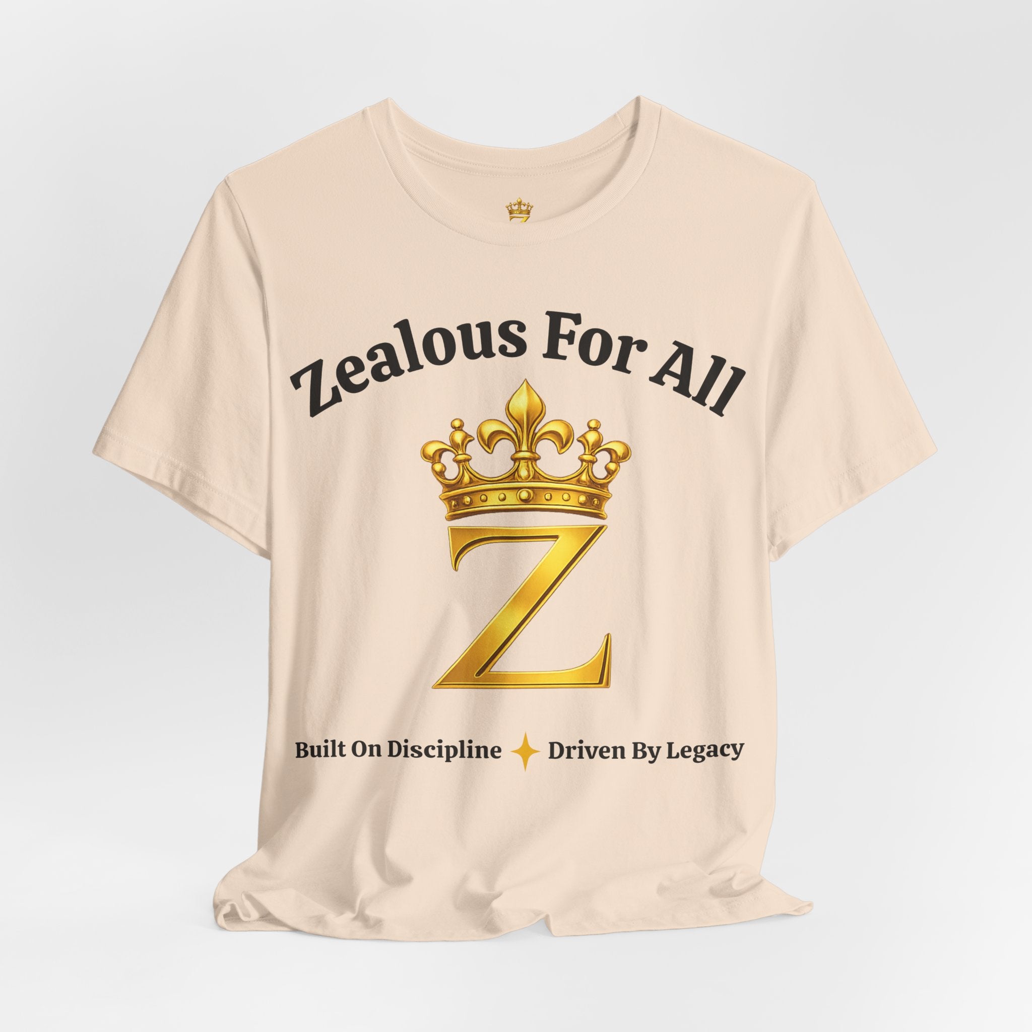 Unisex Luxury Zealous For All T-Shirt (Gold/Black Words, Big Logo T-shirt) Printify