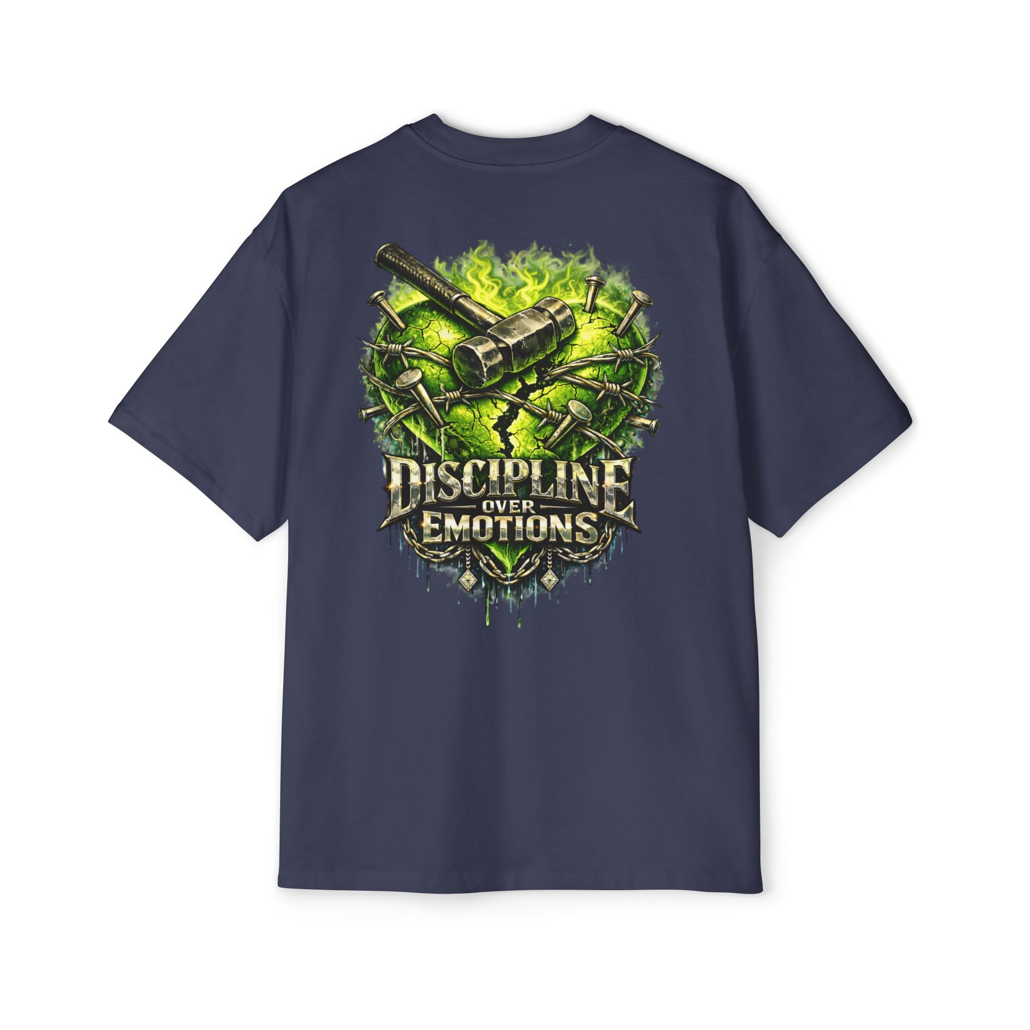 Adult *Oversized* Discipline Over Emotions (Back) Graphic Tee (Lime Green Heart) Printify