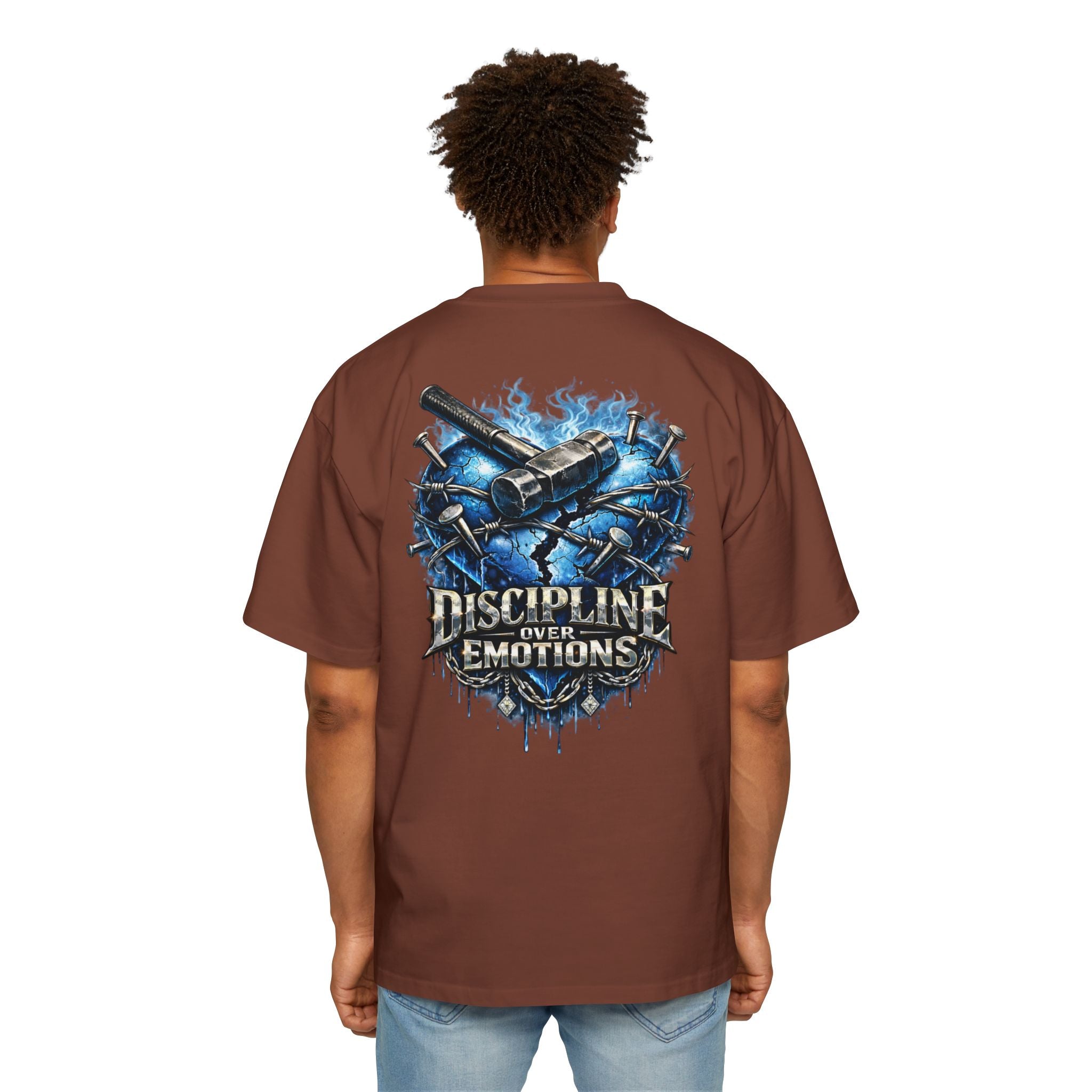 Oversized Discipline Over Emotions (Back) Graphic Tee (Blue Heart) Printify