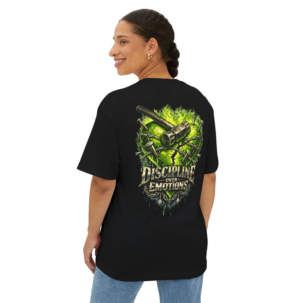 Adult *Oversized* Discipline Over Emotions (Back) Graphic Tee (Lime Green Heart) Printify
