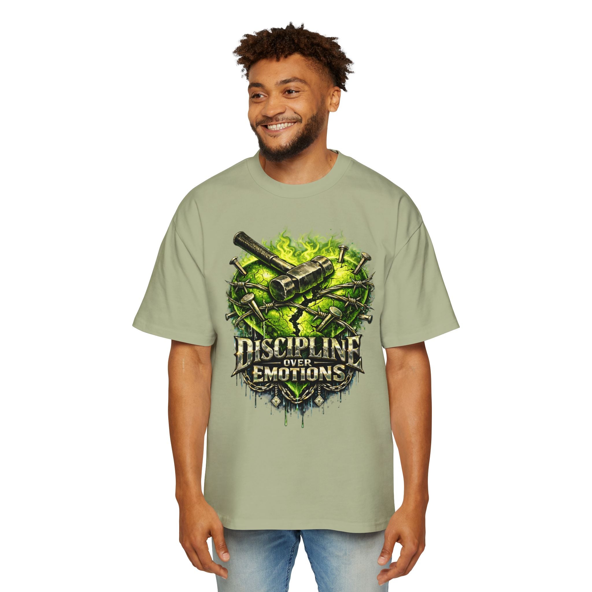 Oversized Discipline Over Emotions Graphic Tee (Green Heart) Printify