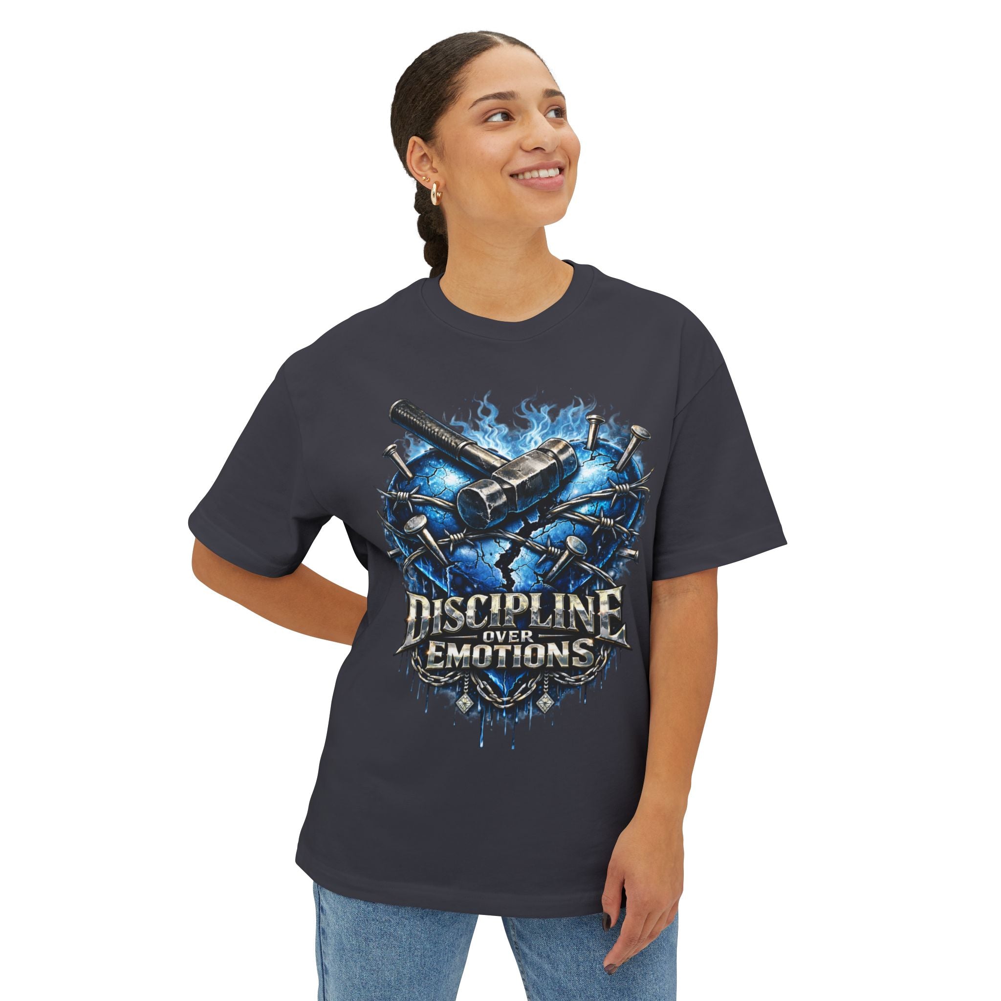 Adult *Oversized* Discipline Over Emotions Graphic T-Shirt (Blue Heart) - Zealous For All