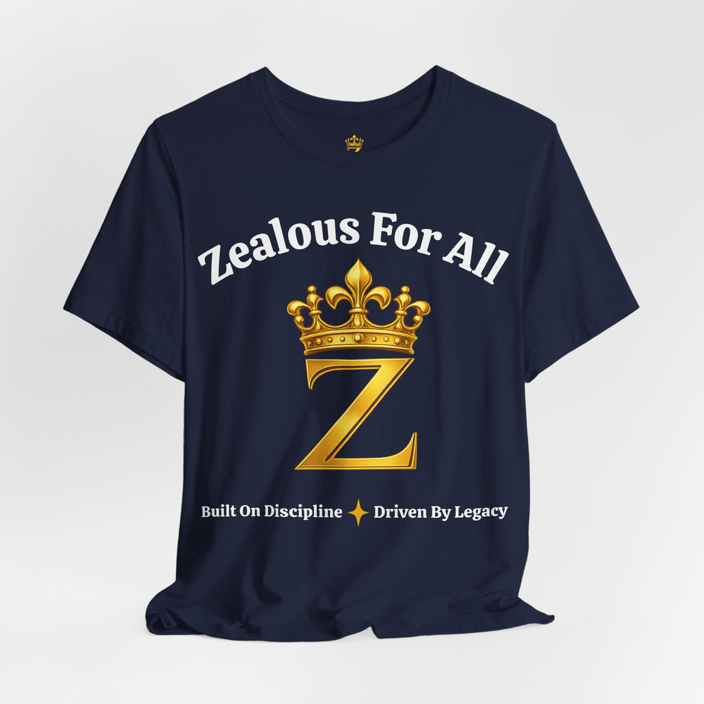 Unisex Luxury Zealous For All T-Shirt (Gold/White Words, Big Logo T-shirt) Printify