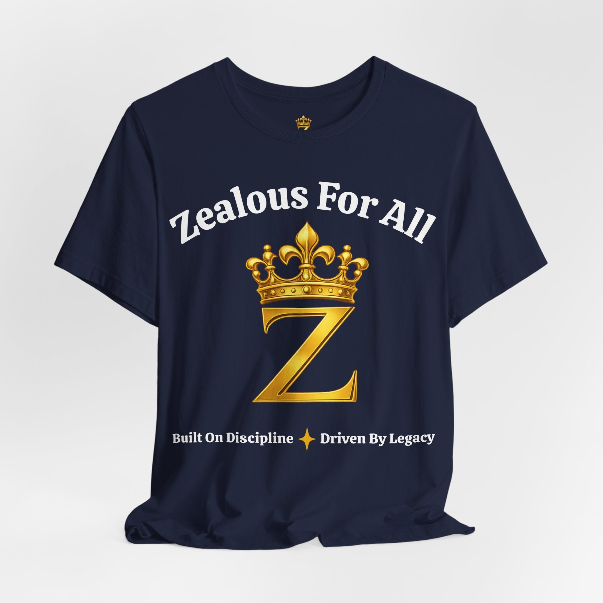 Unisex Luxury Zealous For All T-Shirt (Gold/White Words, Big Logo T-shirt) Printify