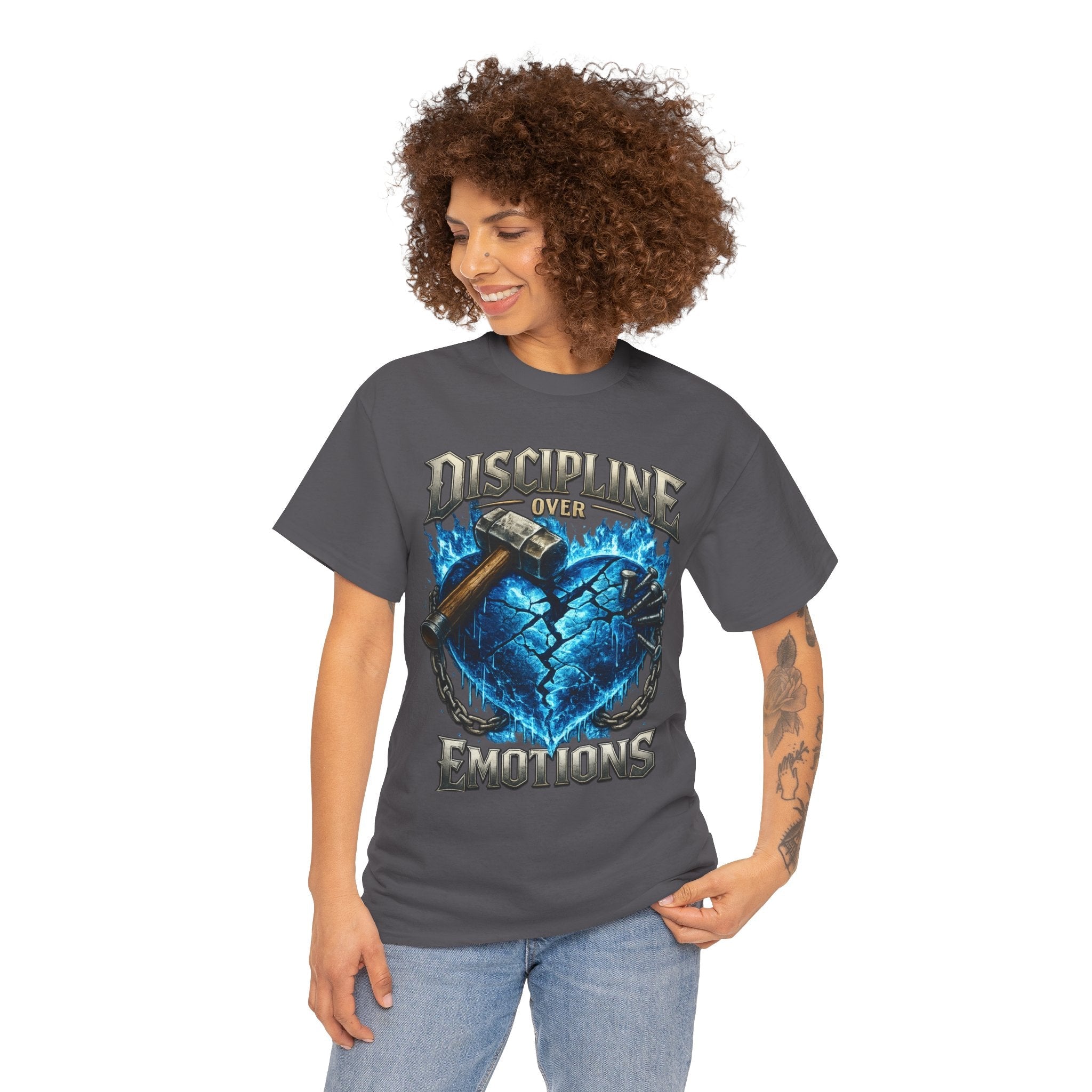 Discipline Over Emotions Graphic T-Shirt (Blue Heart) Printify