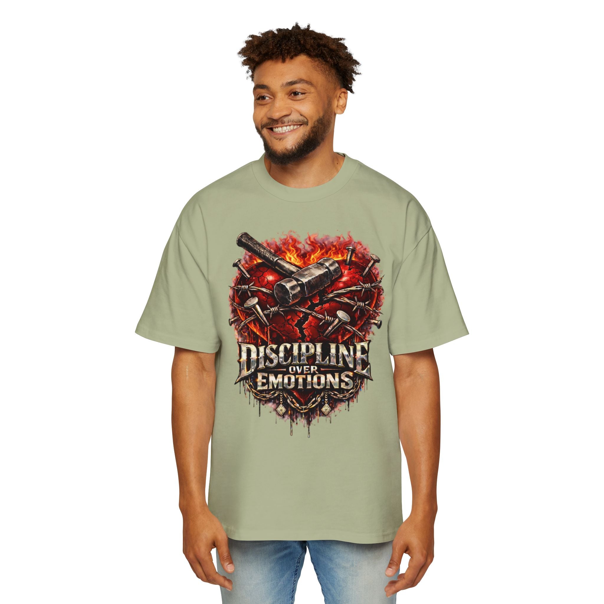 Oversized Discipline Over Emotions Graphic Tee (Front Red Heart) Printify