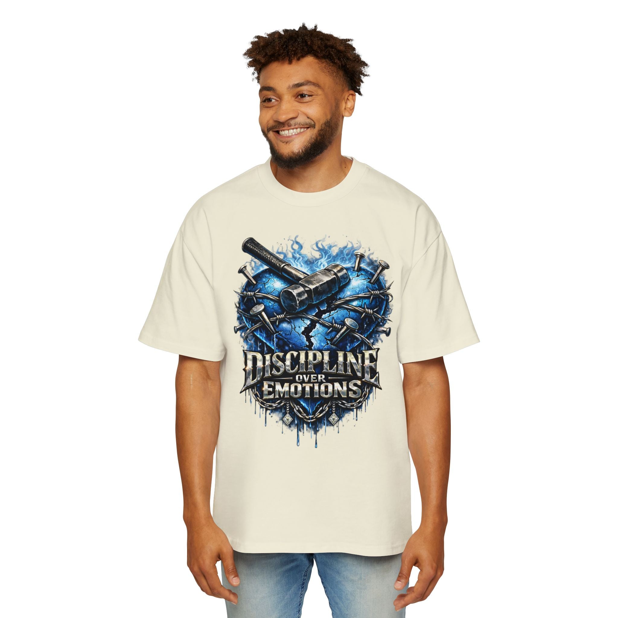 Oversized Discipline Over Emotions Graphic T-Shirt (Blue Heart) Printify