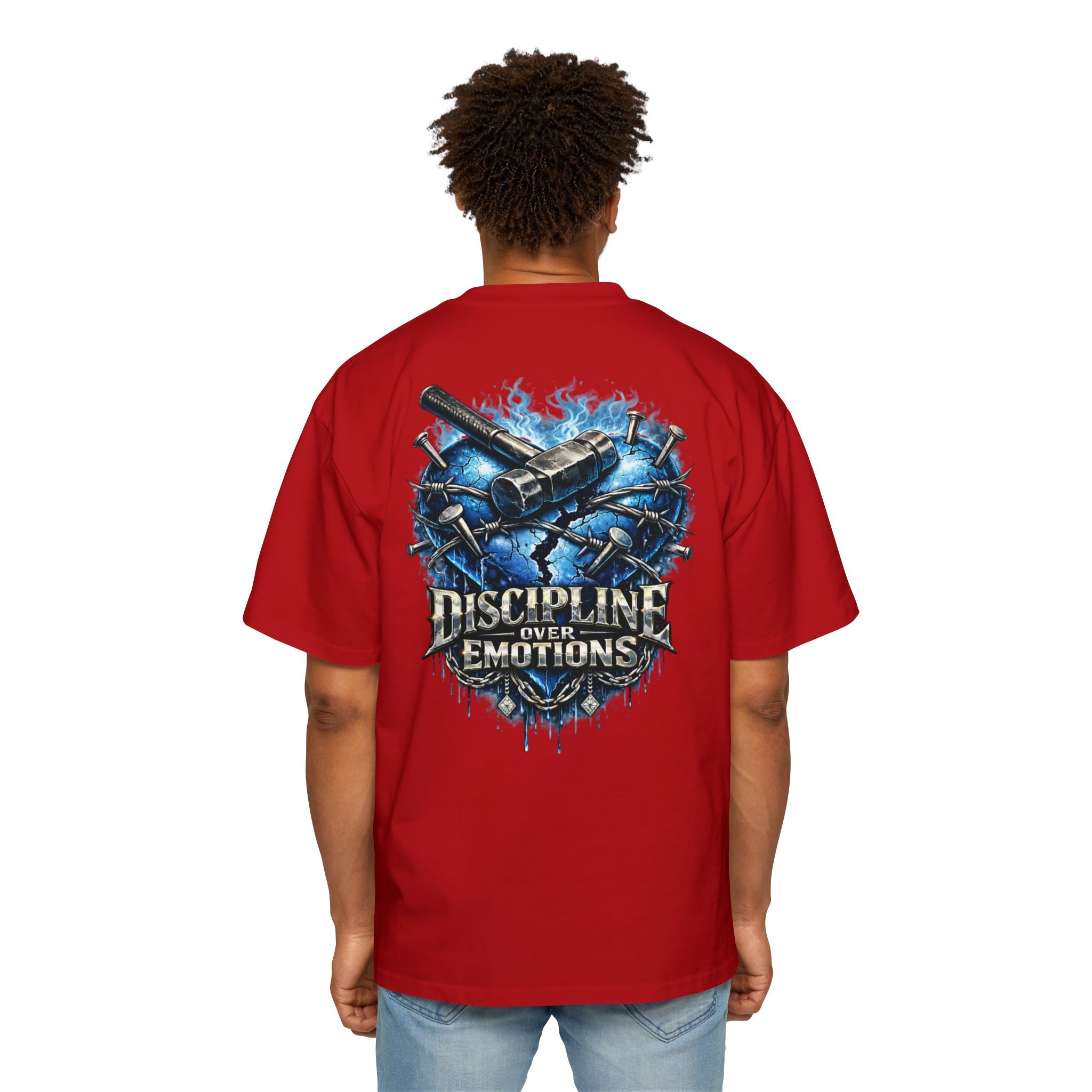 Oversized Discipline Over Emotions (Back) Graphic Tee (Blue Heart) Printify