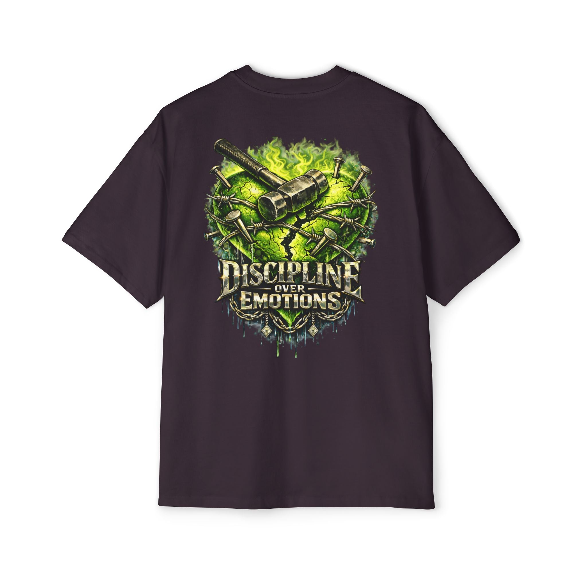 Adult *Oversized* Discipline Over Emotions (Back) Graphic Tee (Lime Green Heart) Printify