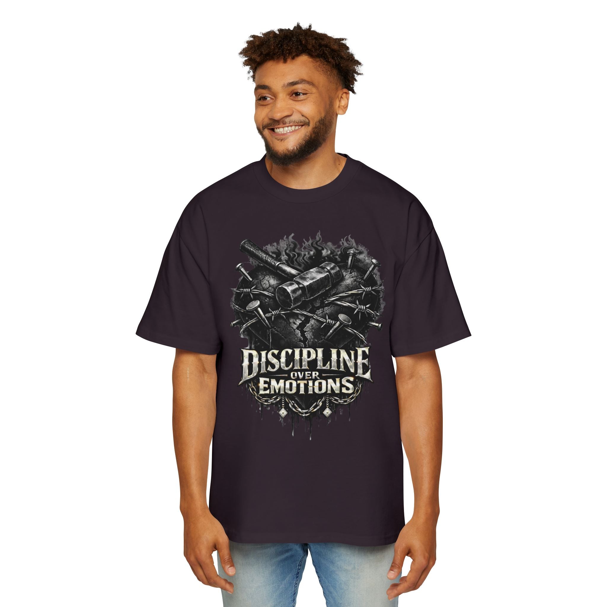 Oversized Discipline Over Emotions Graphic Tee (Black Heart) Printify