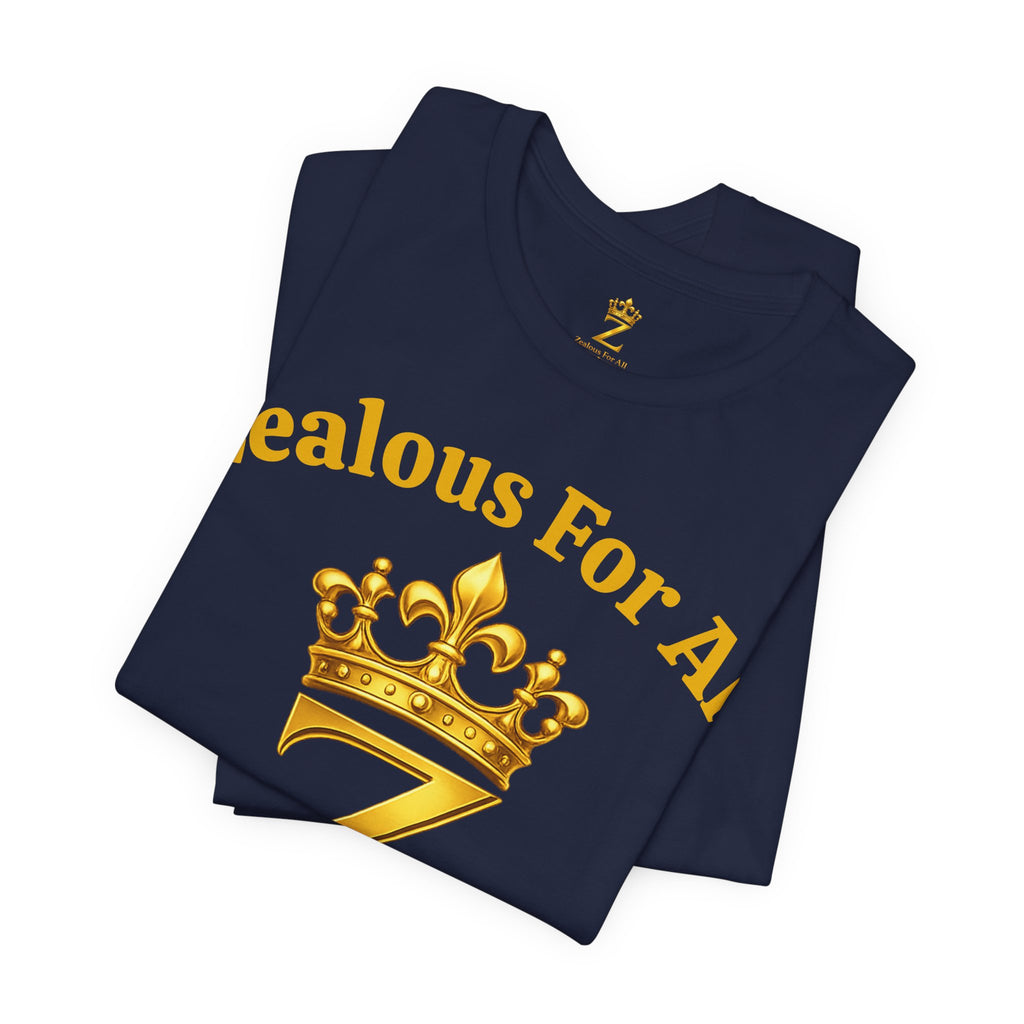 Unisex Luxury Zealous For All T-Shirt (Gold/Black Words, Big Logo T-shirt) Printify