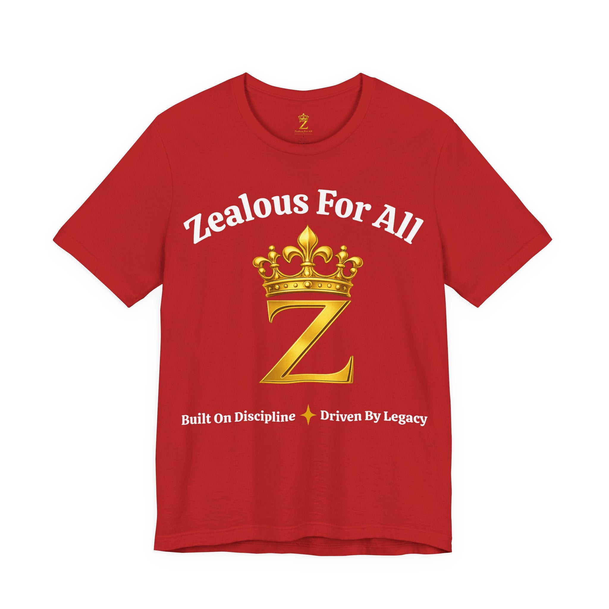 Unisex Luxury Zealous For All T-Shirt (Gold/White Words, Big Logo T-shirt) Printify
