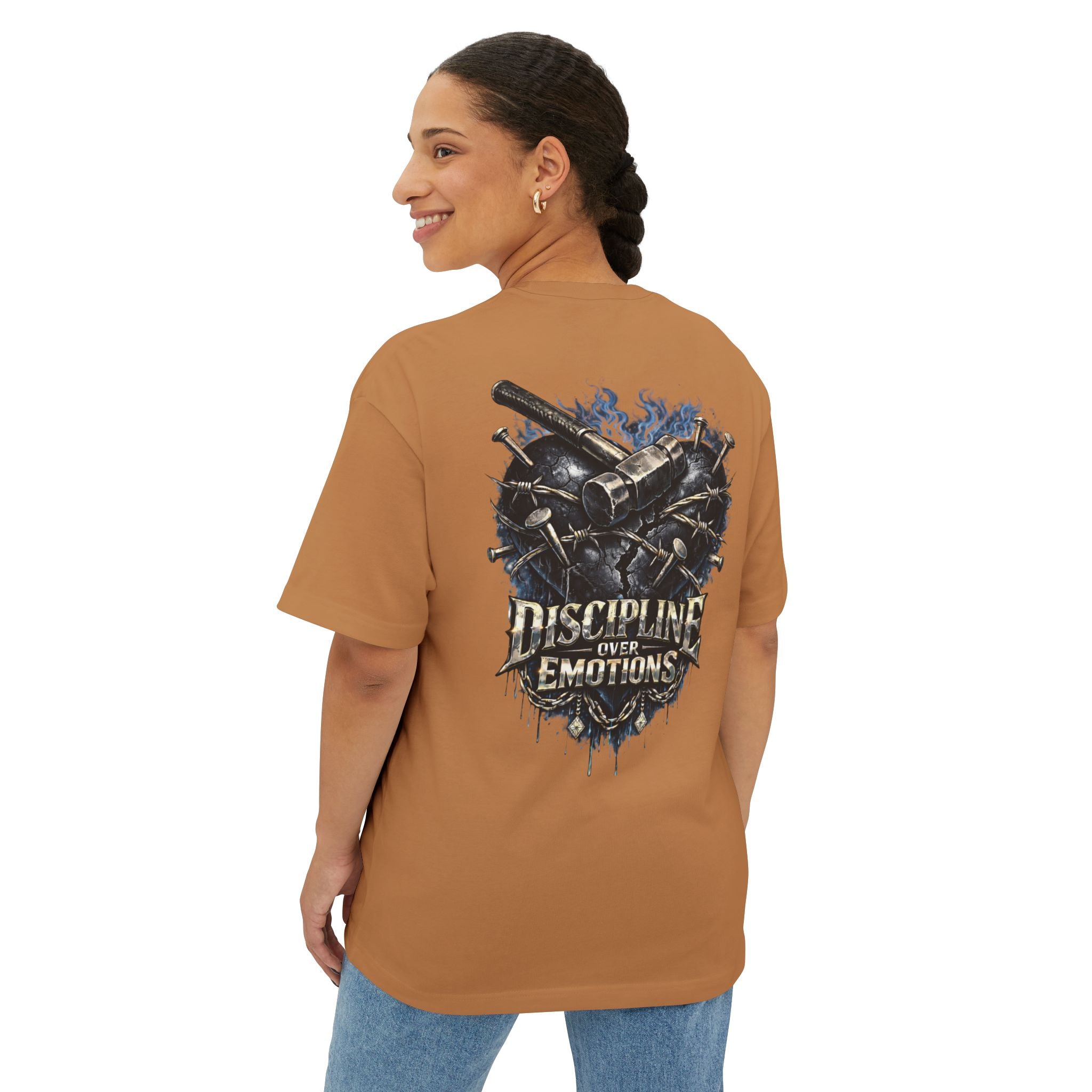 Adult *Oversized* Discipline Over Emotions (Back) Graphic Tee (Black Heart) Printify