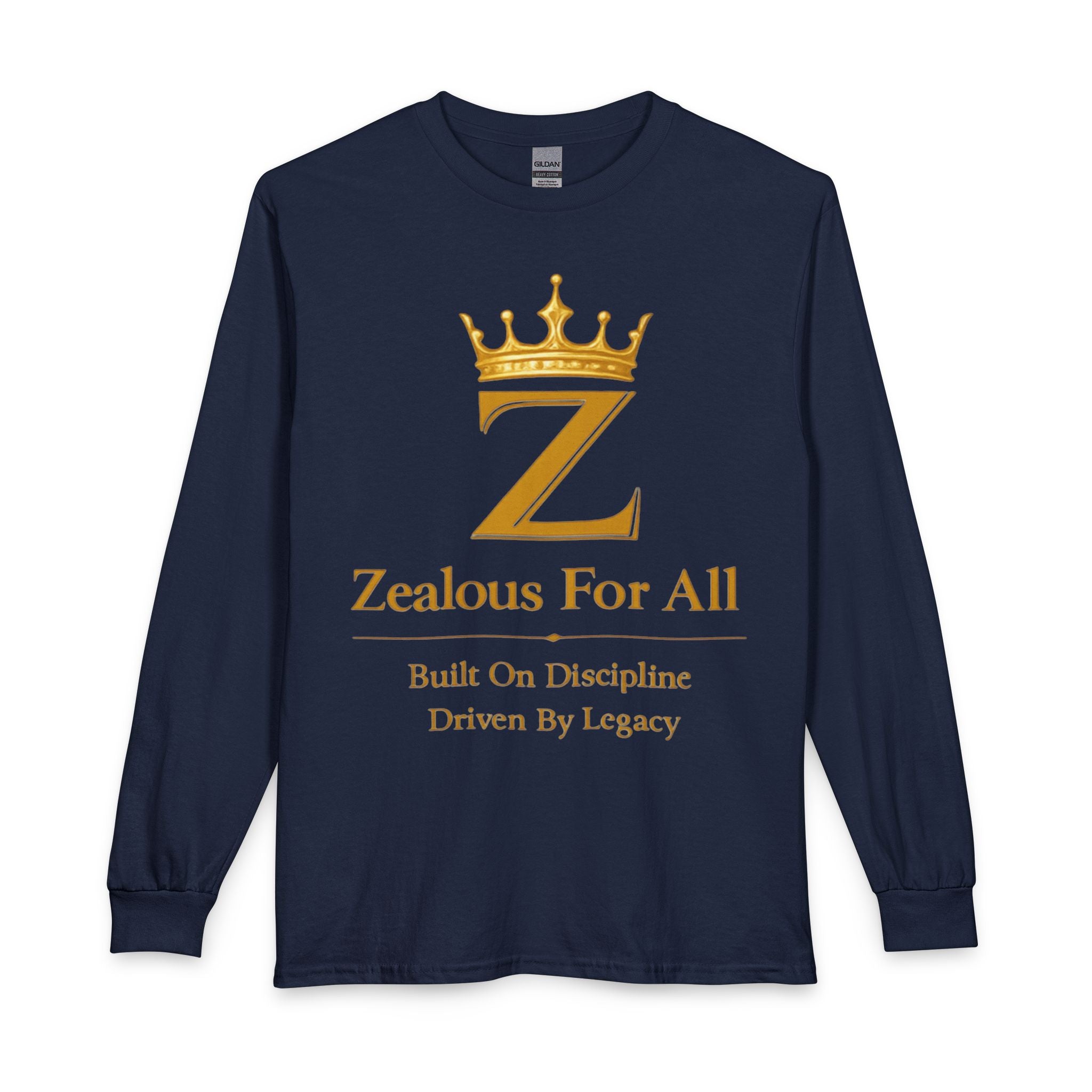 Long Sleeve Shirt — "Zealous For All" Gold Crown Logo, Motivational Athletic Streetwear Printify
