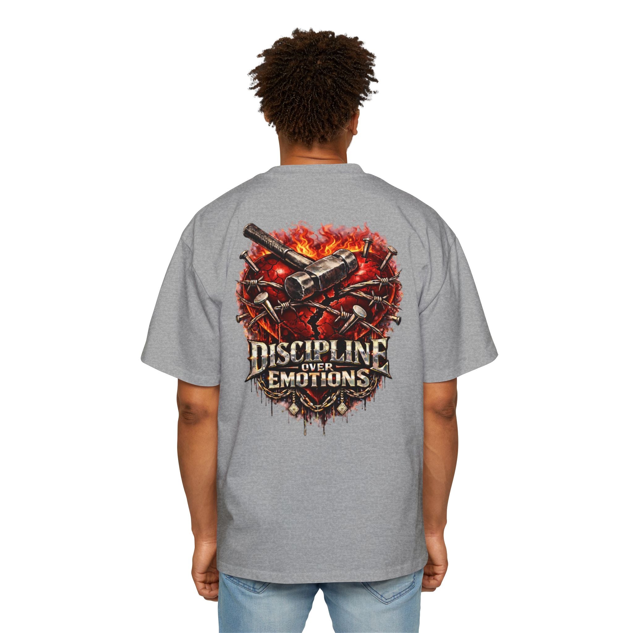 Oversized Discipline Over Emotions (Back) Graphic Tee (Red Heart) Printify
