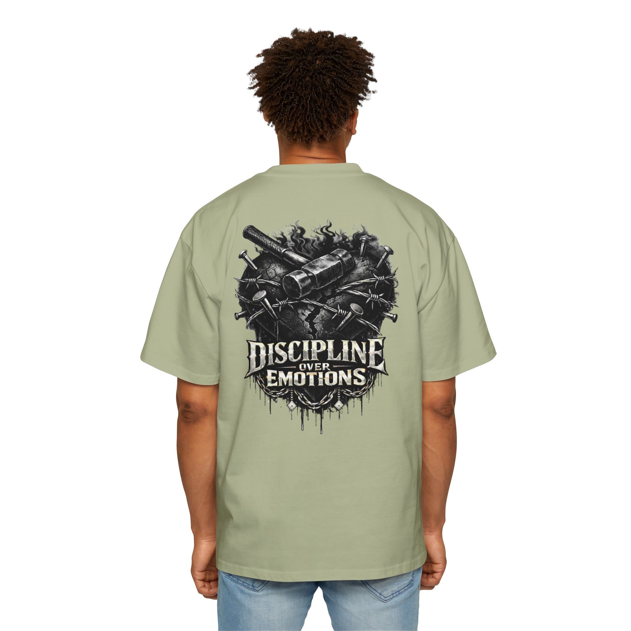 Oversized Discipline Over Emotions (Back) Graphic Tee (Black Heart) Printify