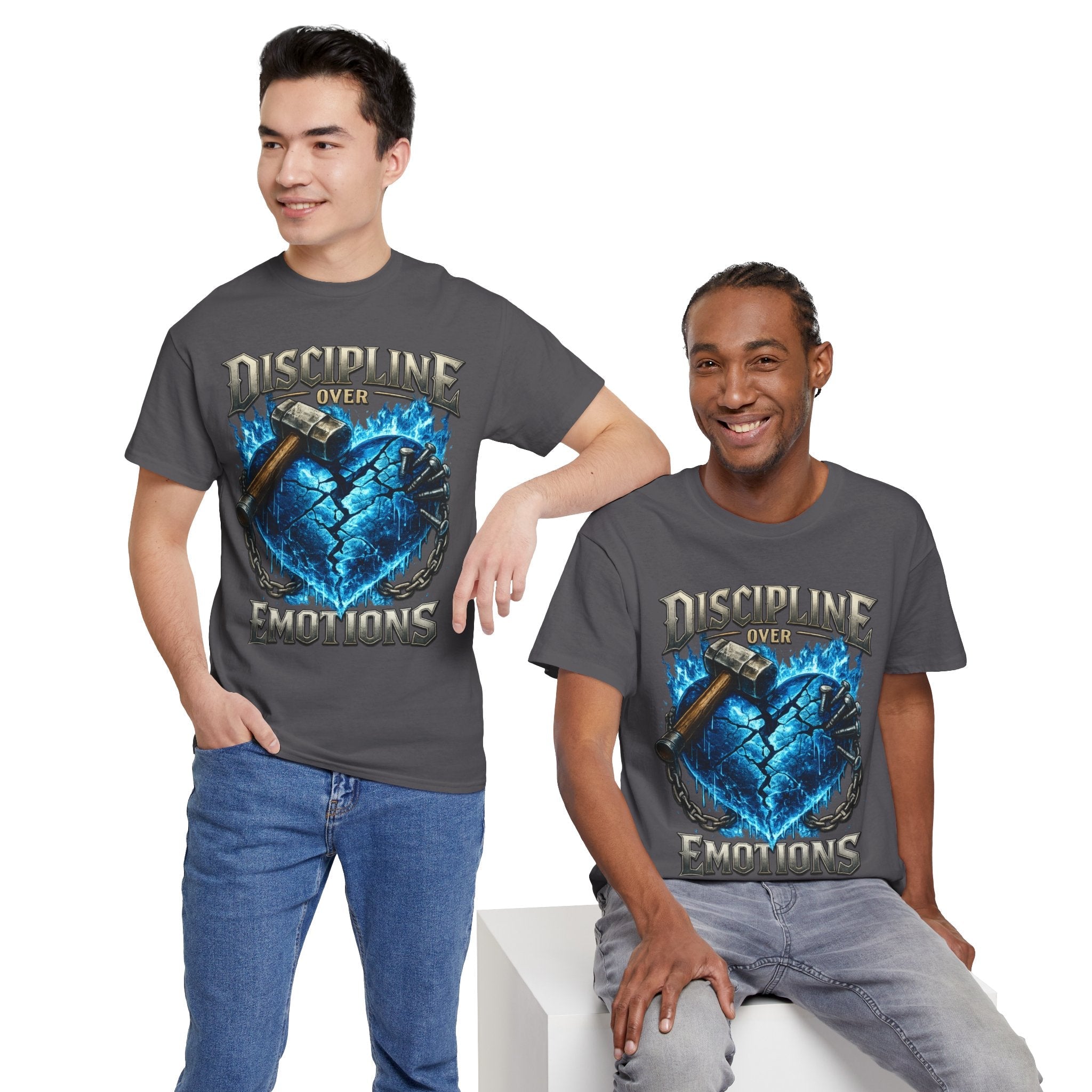 Discipline Over Emotions Graphic T-Shirt (Blue Heart) Printify