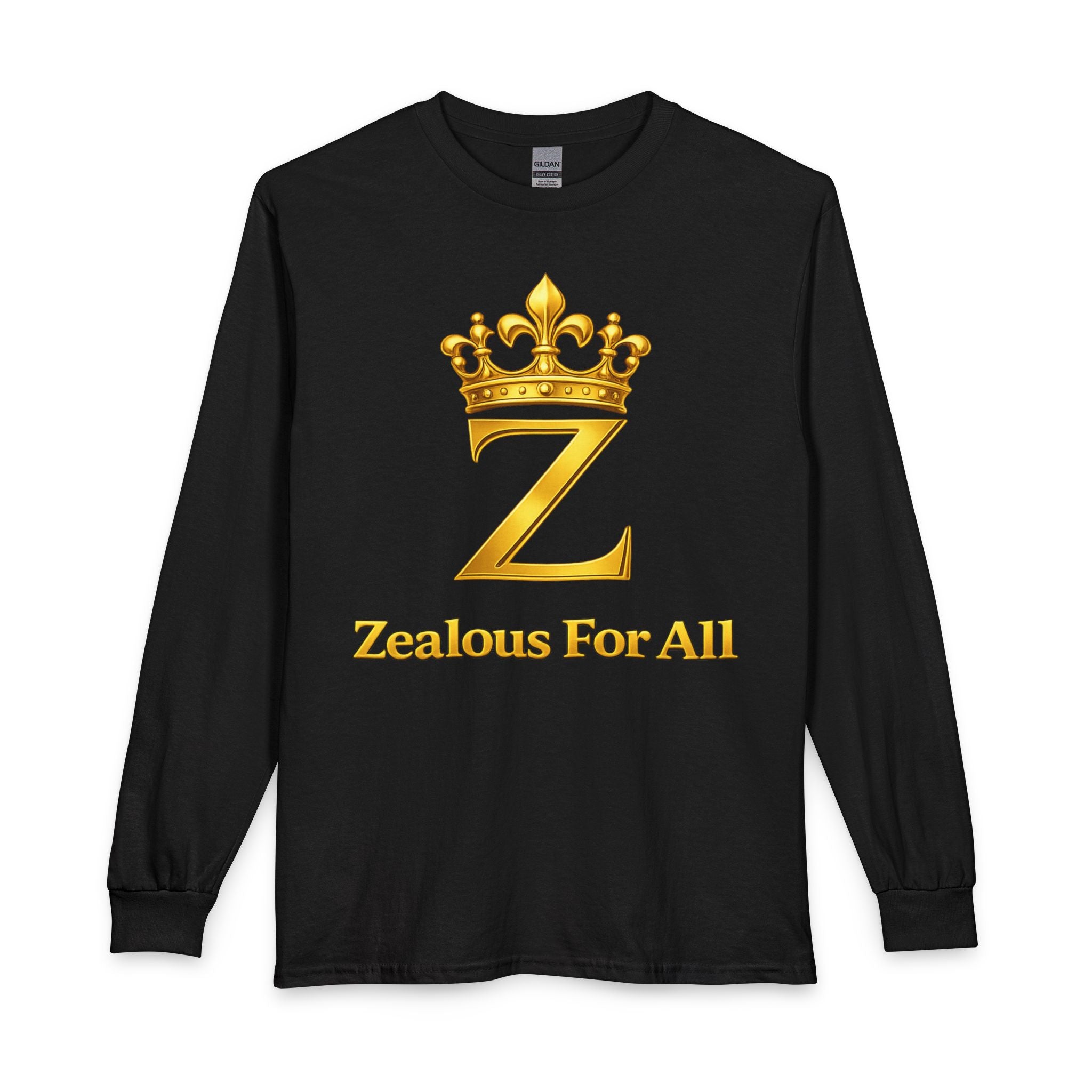 Long Sleeve Shirt — "Zealous For All" Gold Crown Logo, Printify