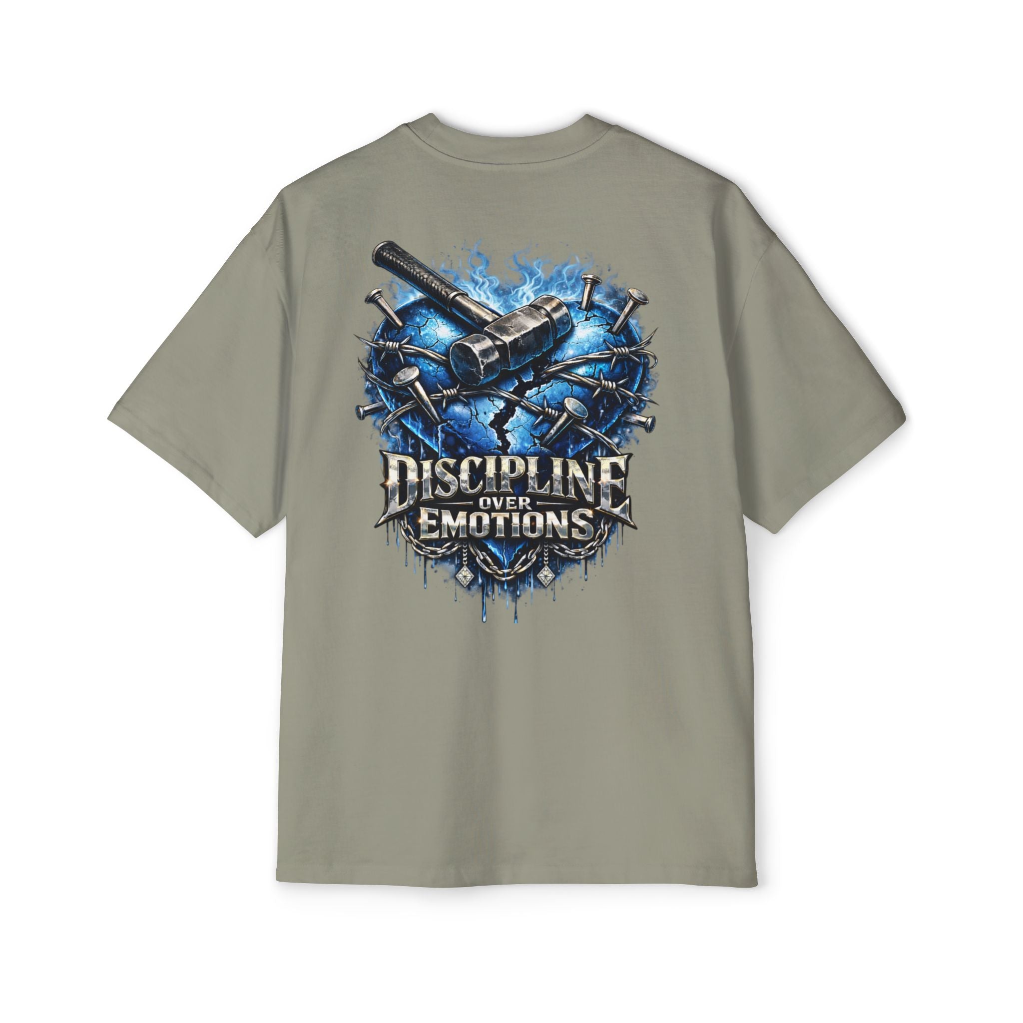 Oversized Discipline Over Emotions (Back) Graphic Tee (Blue Heart) Printify