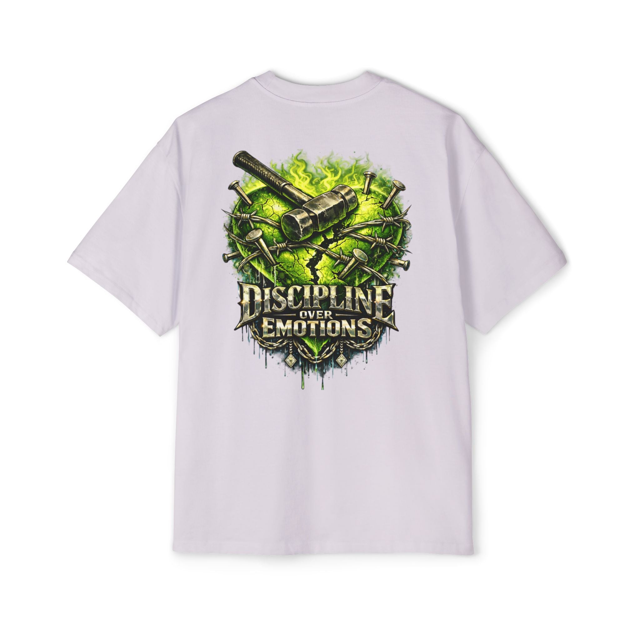 Adult *Oversized* Discipline Over Emotions (Back) Graphic Tee (Lime Green Heart) Printify