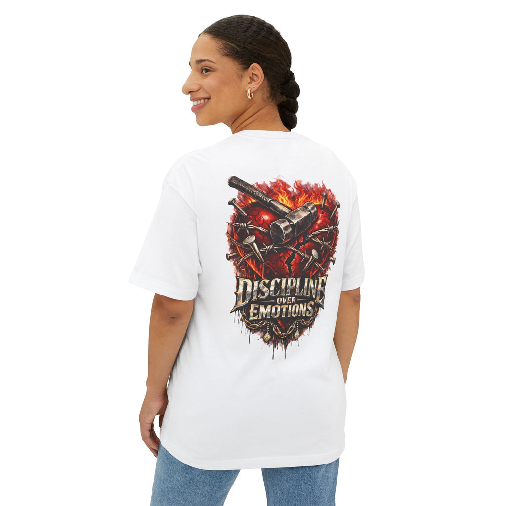 Adult *Oversized* Discipline Over Emotions (Back) Graphic Tee (Red Heart) Printify
