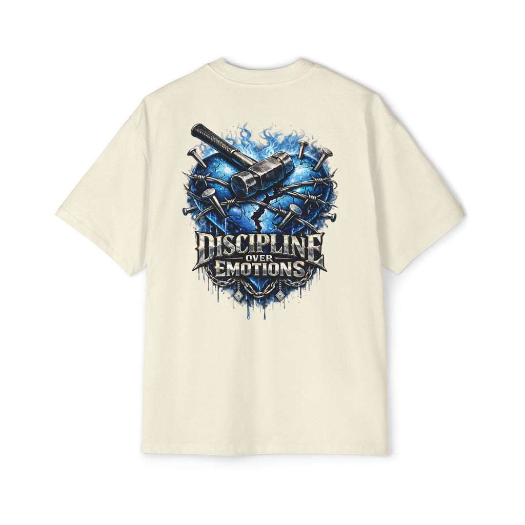 Oversized Discipline Over Emotions (Back) Graphic Tee (Blue Heart) Printify