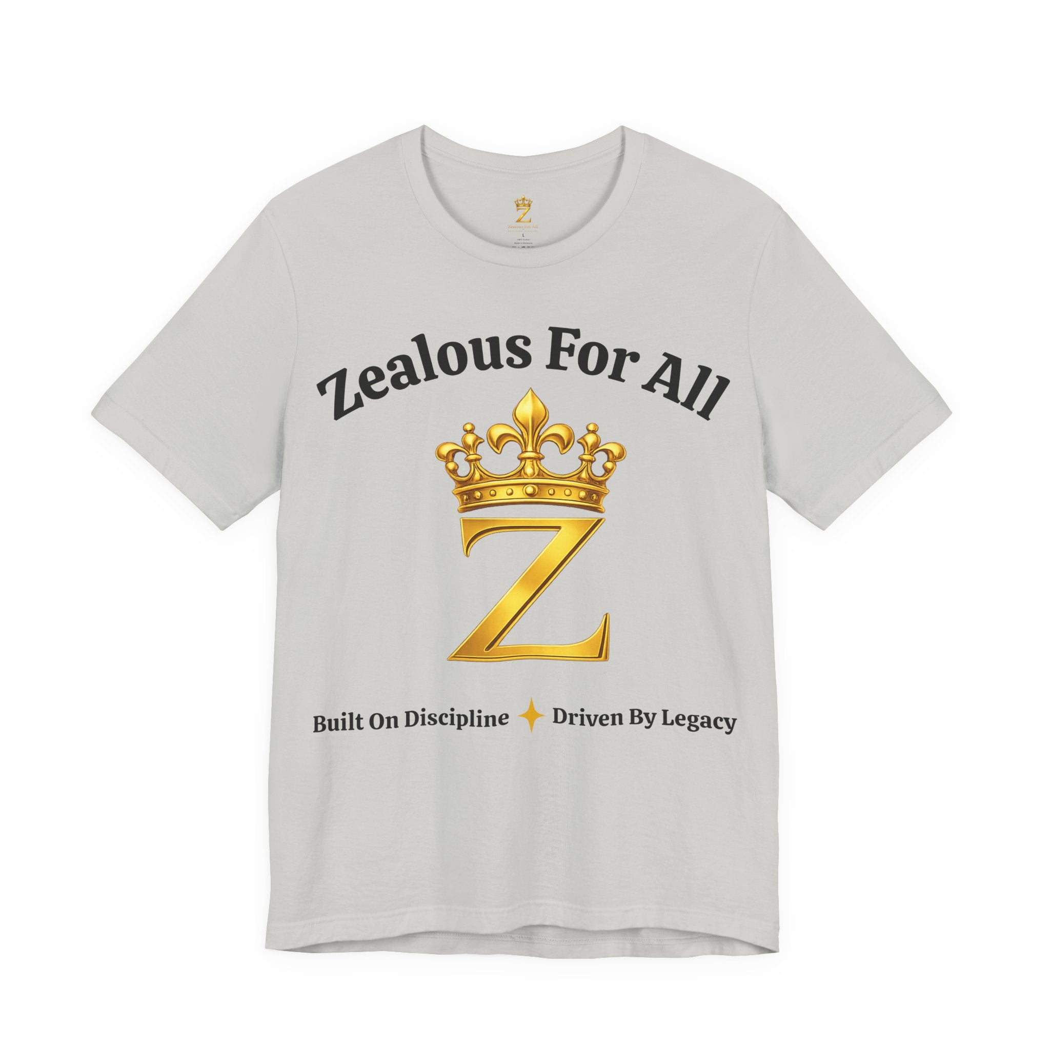 Unisex Luxury Zealous For All T-Shirt (Gold/Black Words, Big Logo T-shirt) Printify