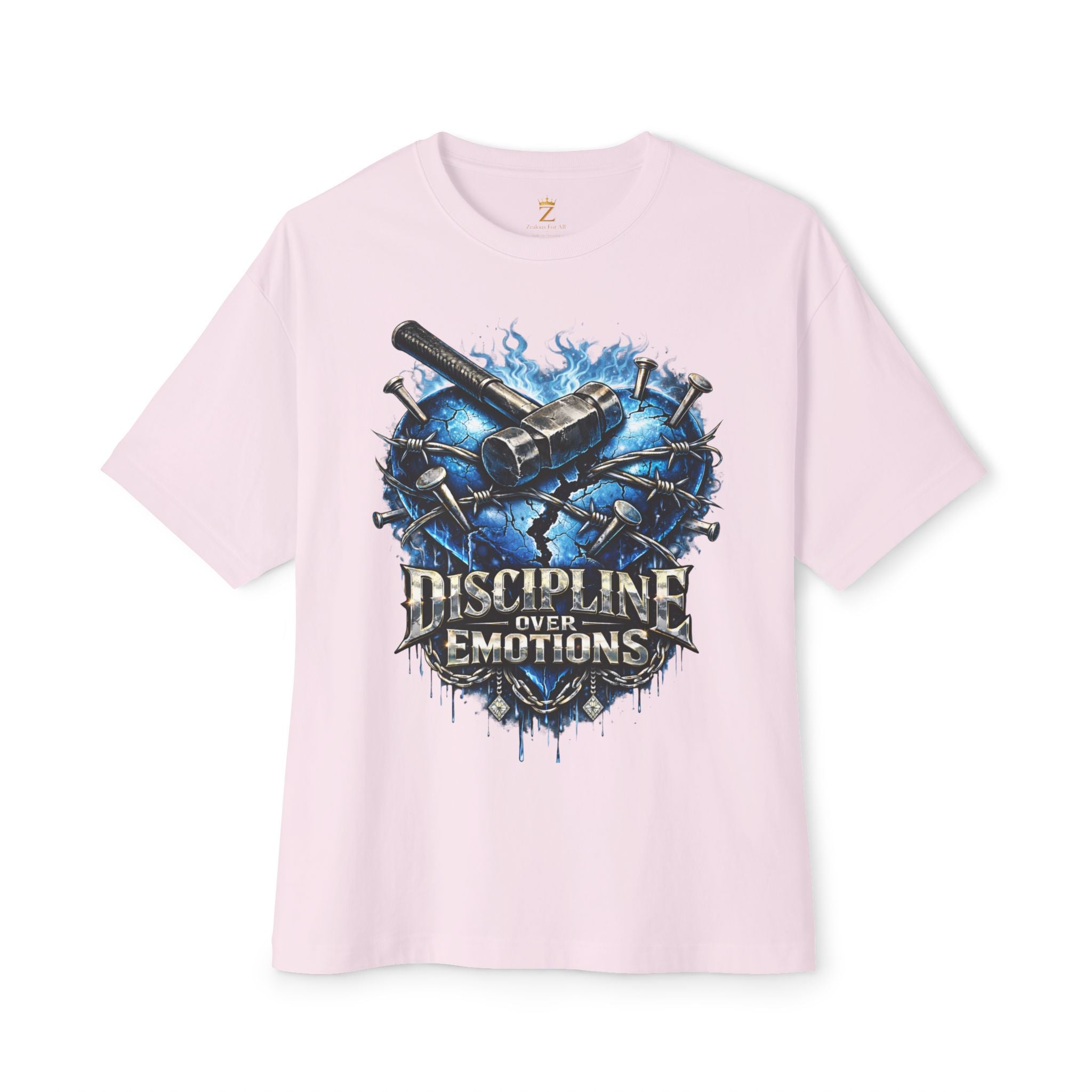 Adult *Oversized* Discipline Over Emotions Graphic T-Shirt (Blue Heart) - Zealous For All