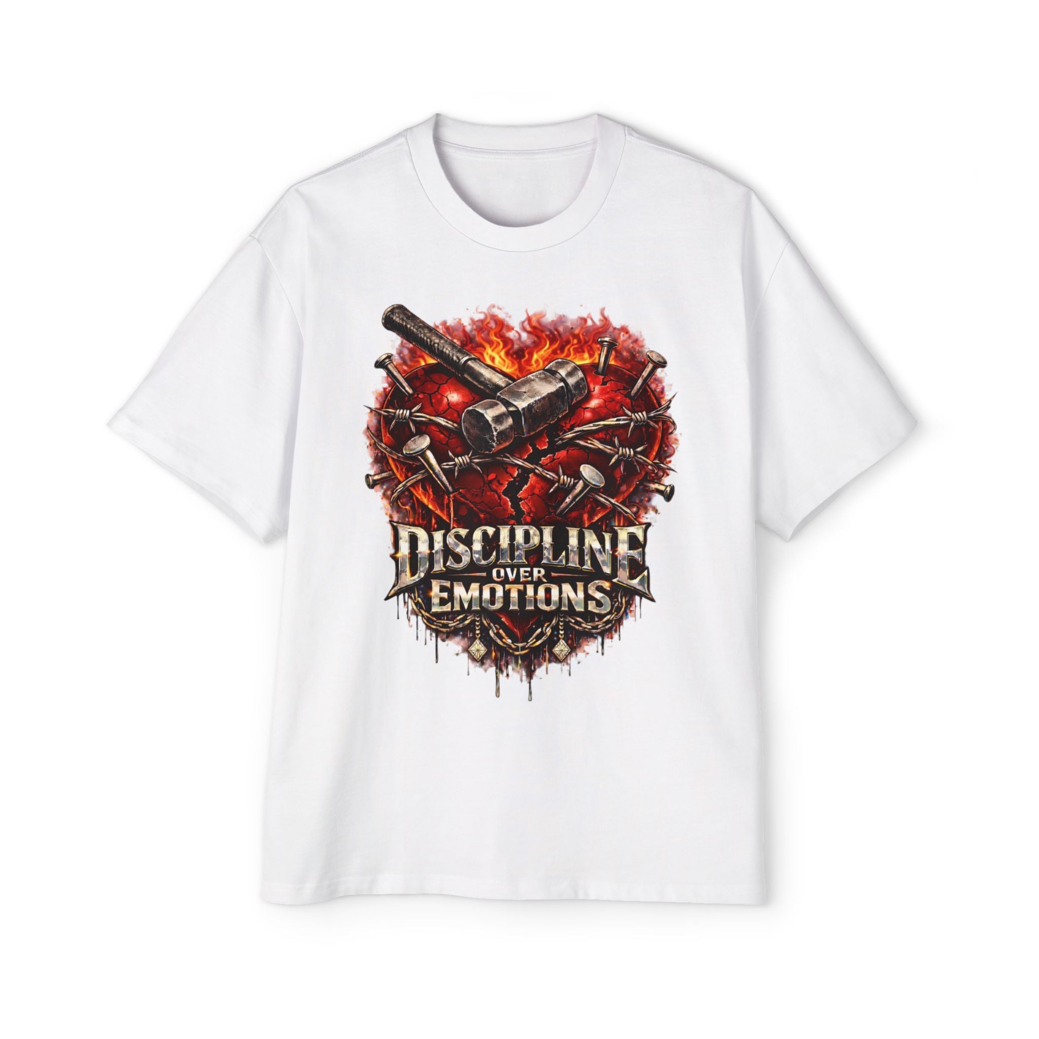 Oversized Discipline Over Emotions Graphic Tee (Front Red Heart) Printify