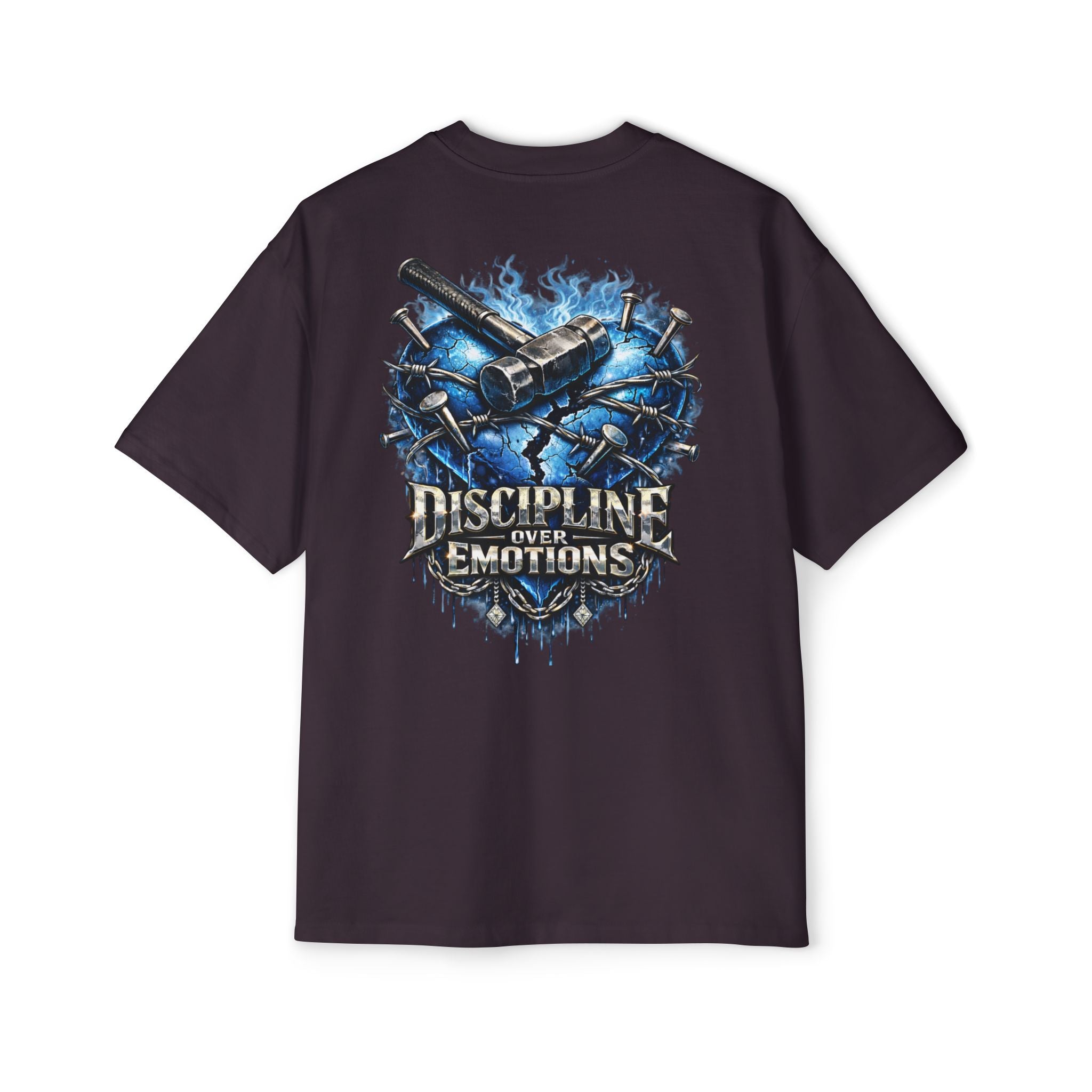 Oversized Discipline Over Emotions (Back) Graphic Tee (Blue Heart) Printify