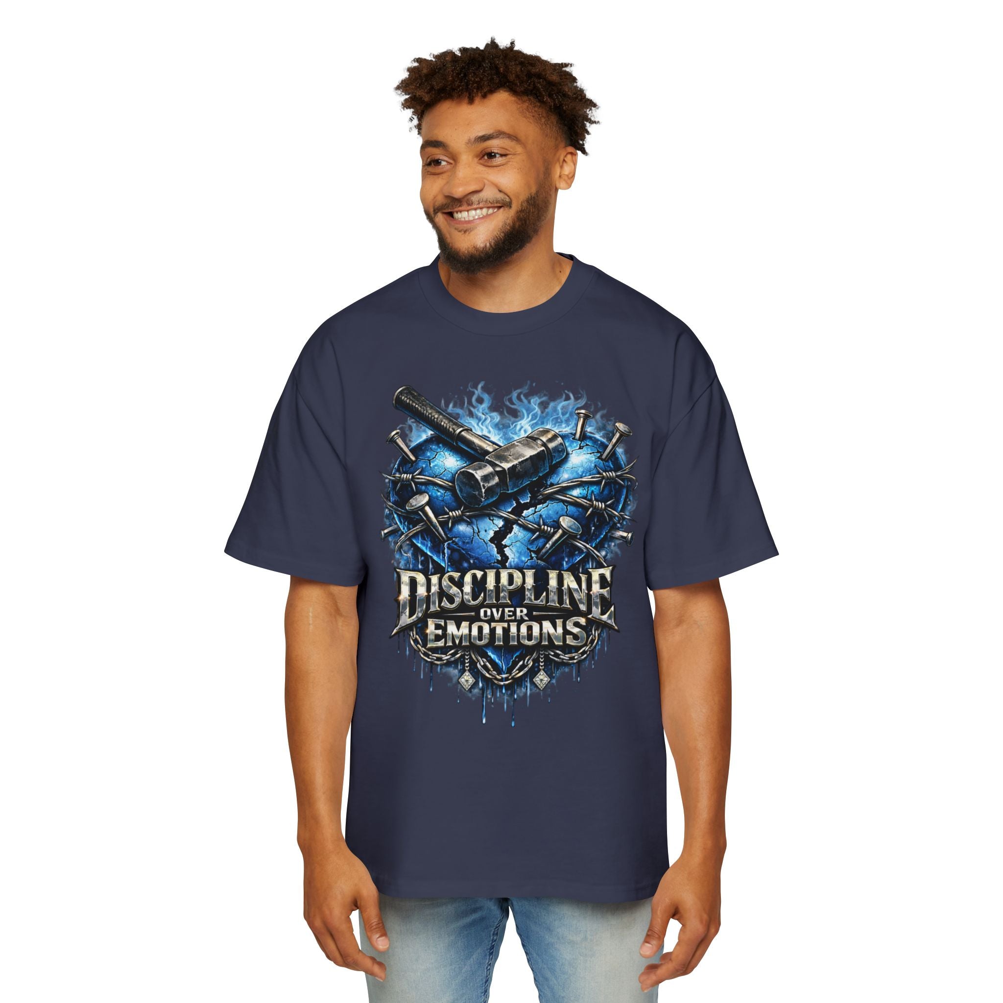 Oversized Discipline Over Emotions Graphic T-Shirt (Blue Heart) Printify