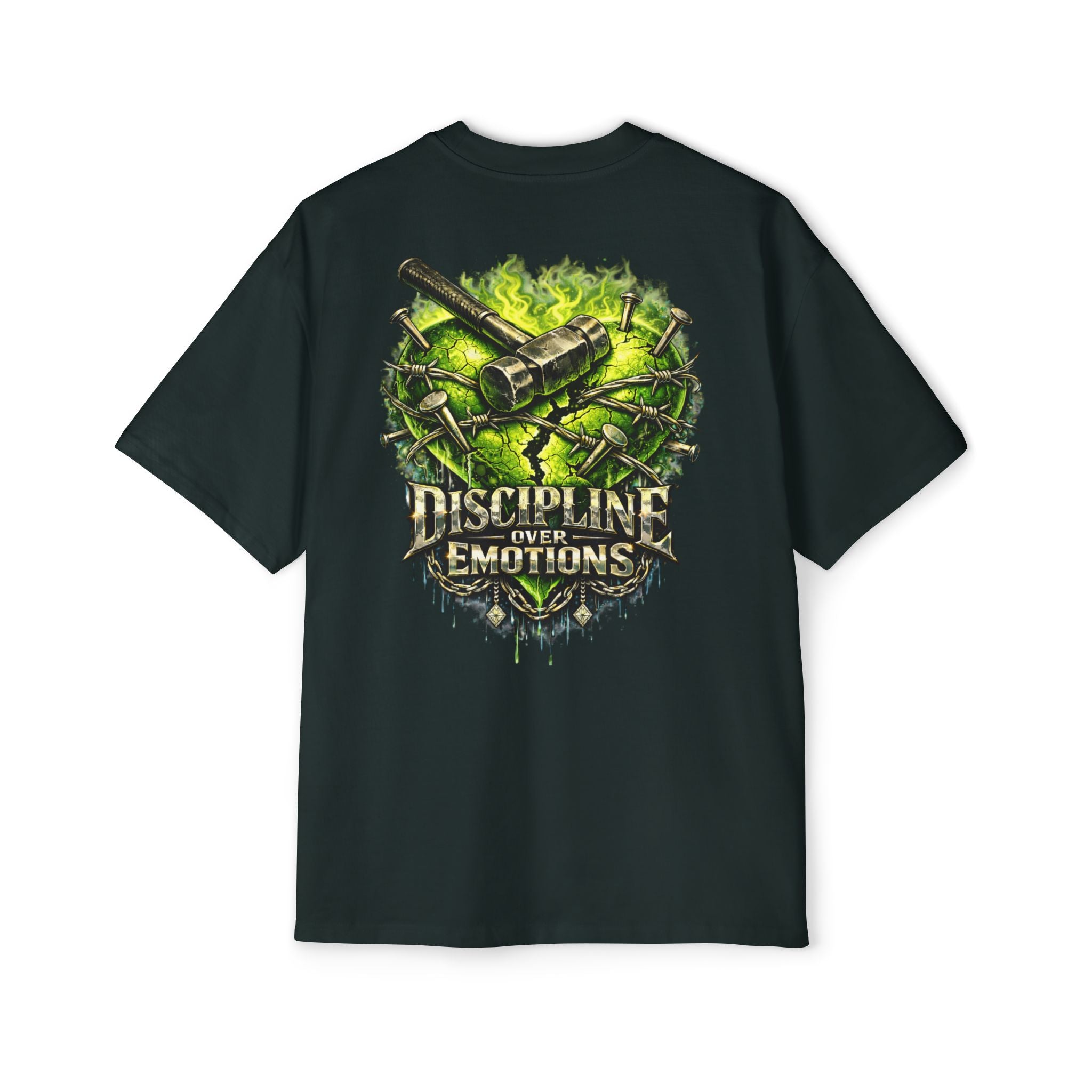 Adult *Oversized* Discipline Over Emotions (Back) Graphic Tee (Lime Green Heart) Printify