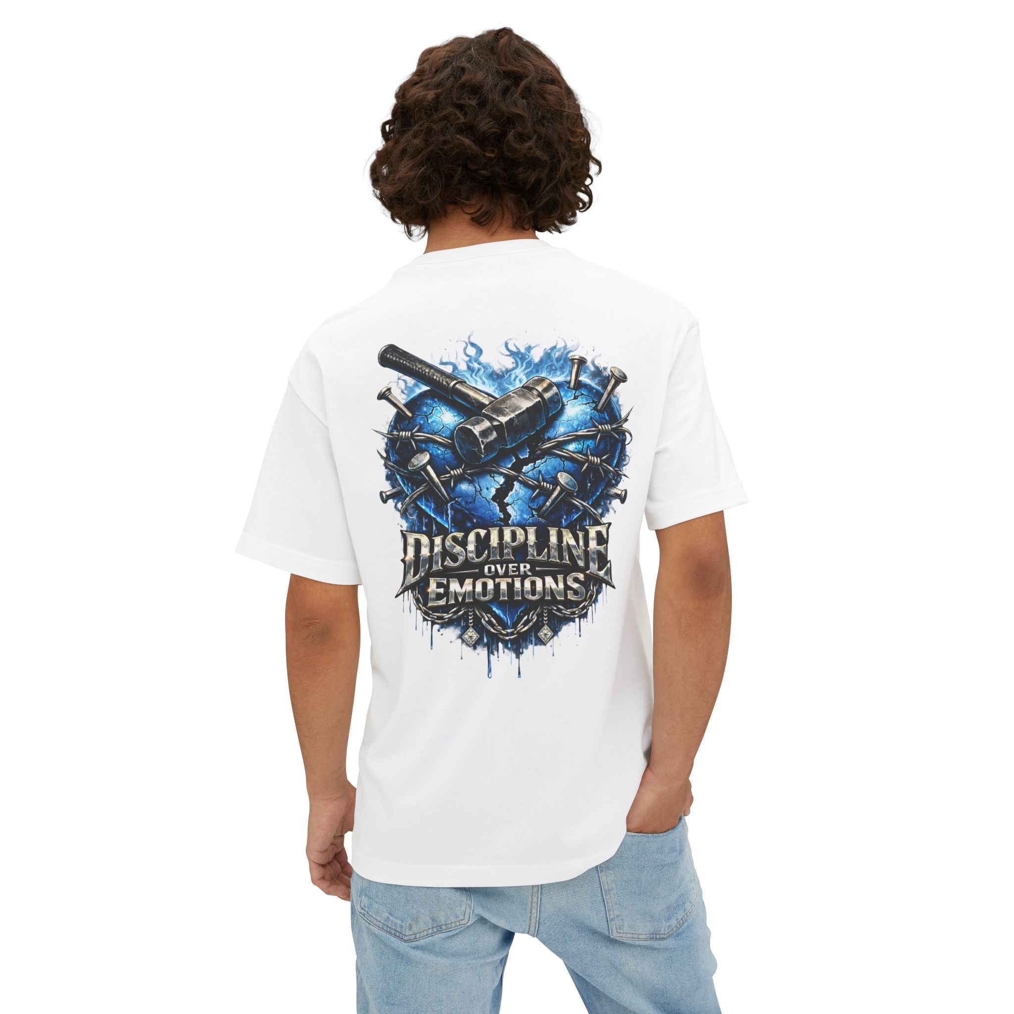Adult *Oversized* Discipline Over Emotions (Back) Graphic Tee (Blue Heart) Printify