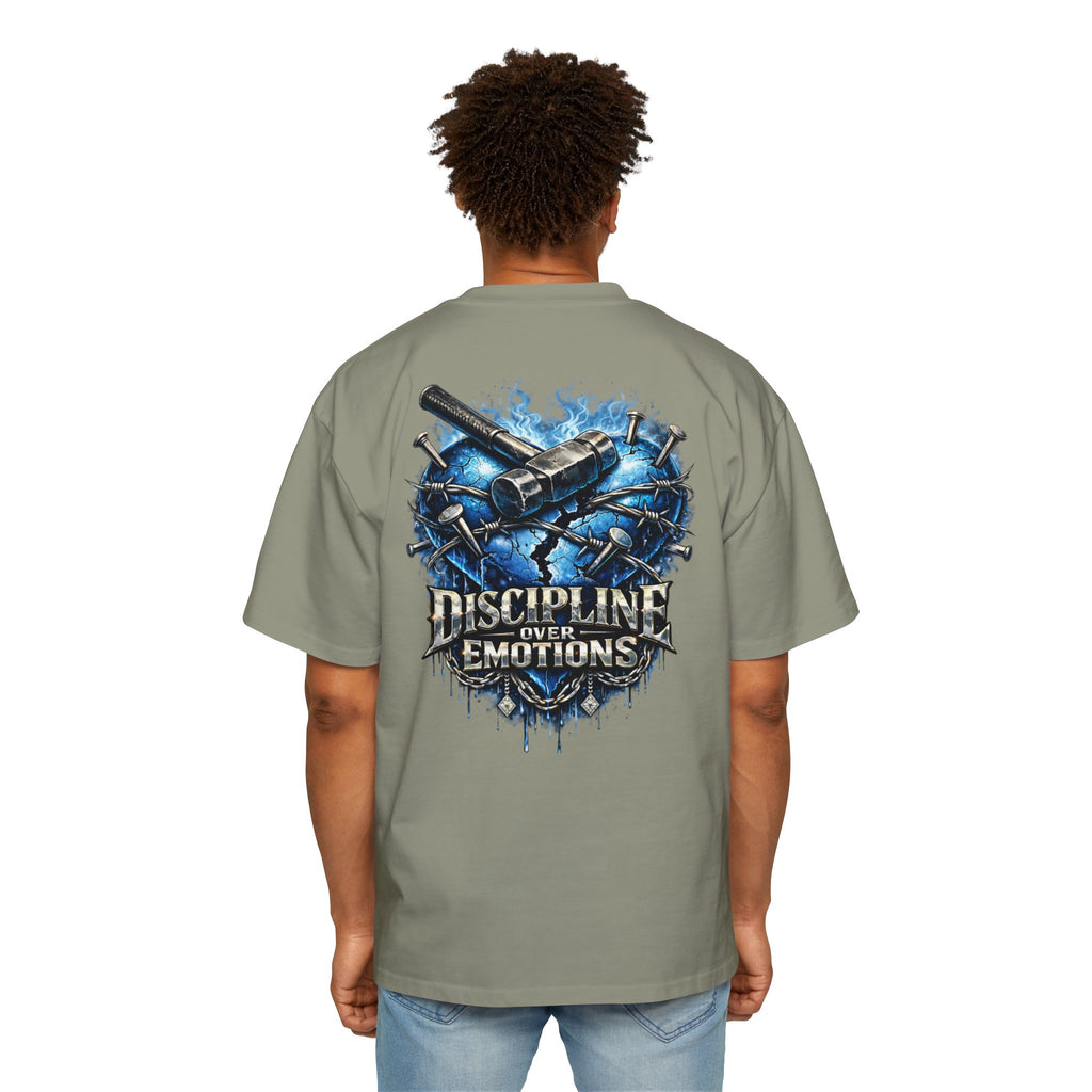 Oversized Discipline Over Emotions (Back) Graphic Tee (Blue Heart) Printify