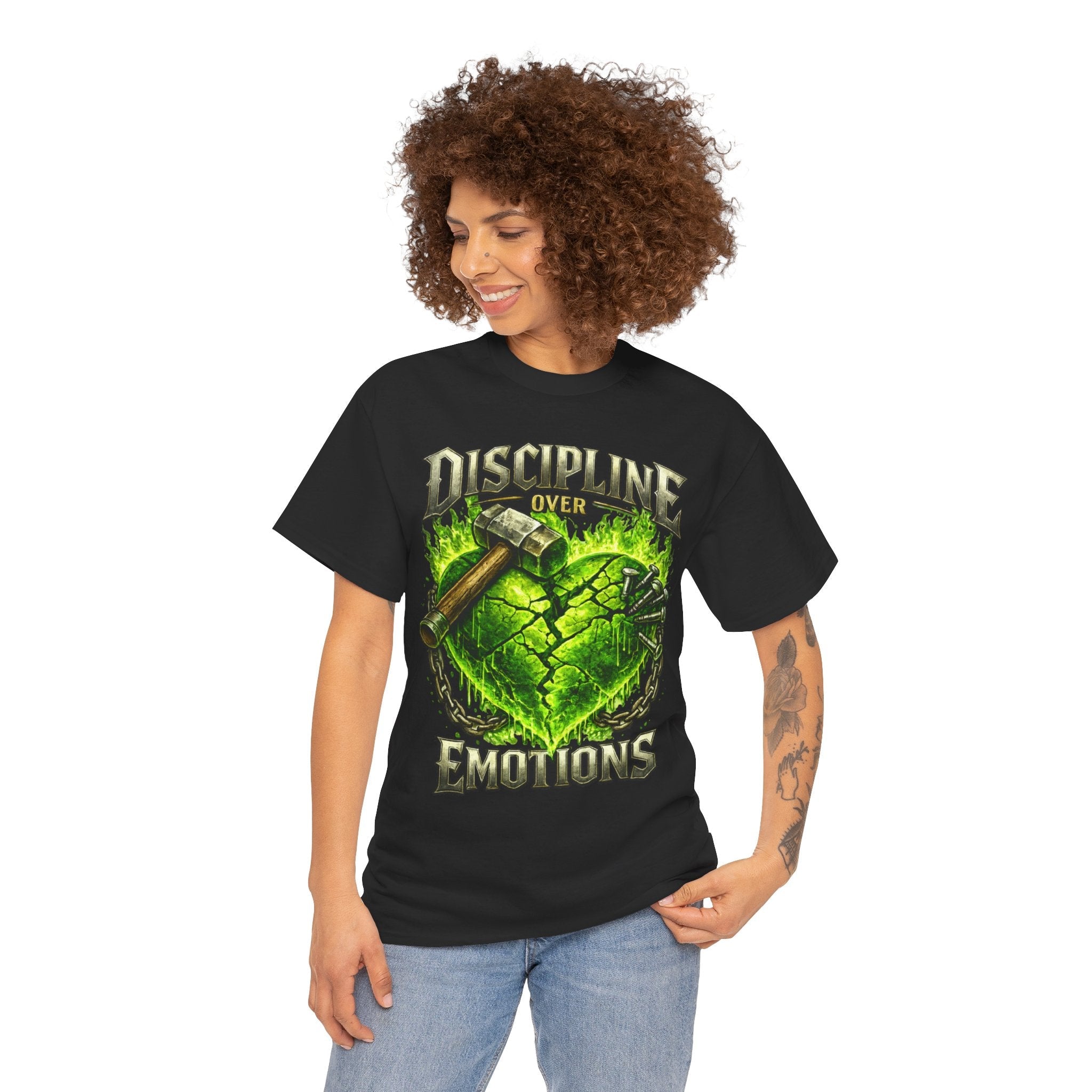 Adult Discipline Over Emotions Graphic T-Shirt (Lime Green Heart)