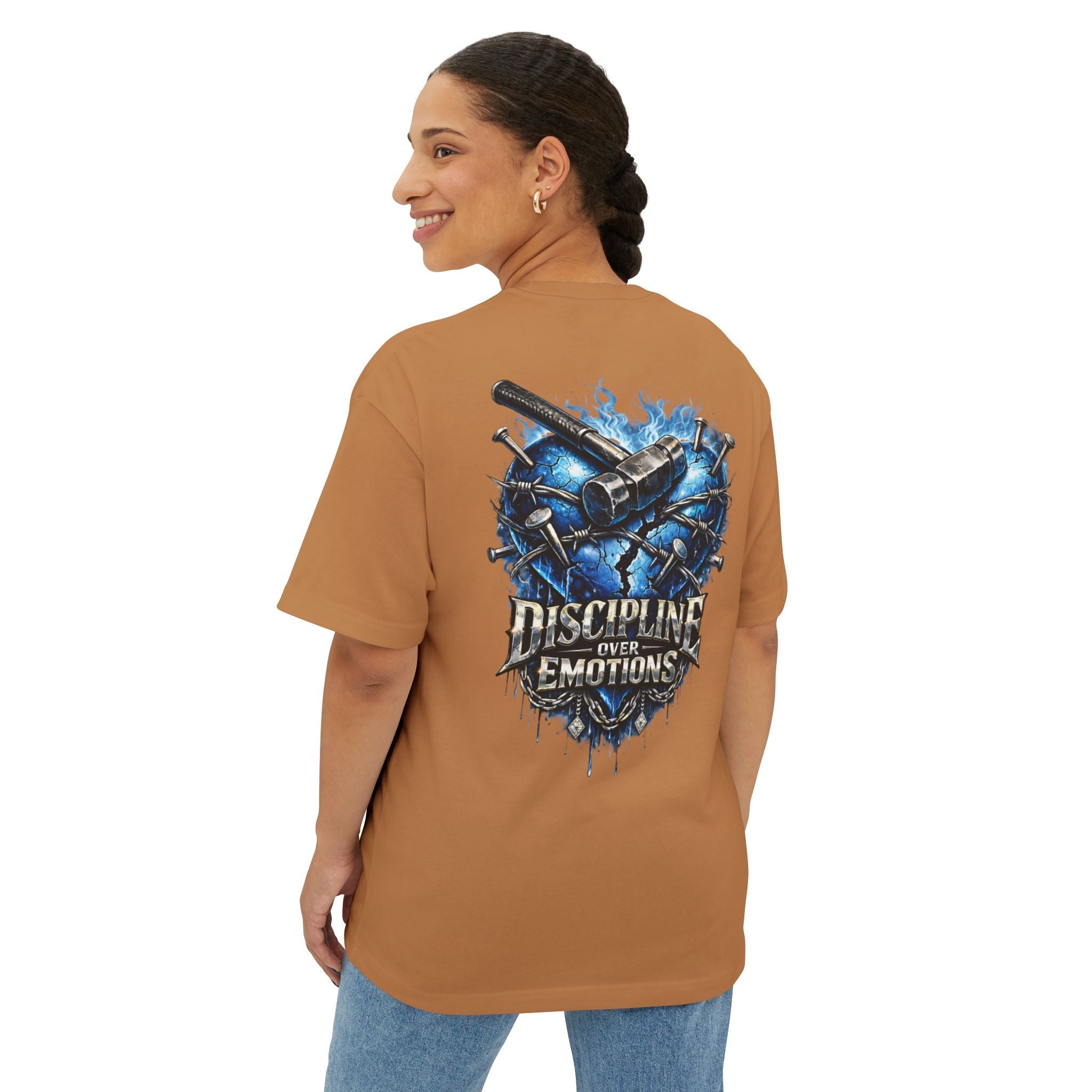 Adult *Oversized* Discipline Over Emotions (Back) Graphic Tee (Blue Heart) Printify