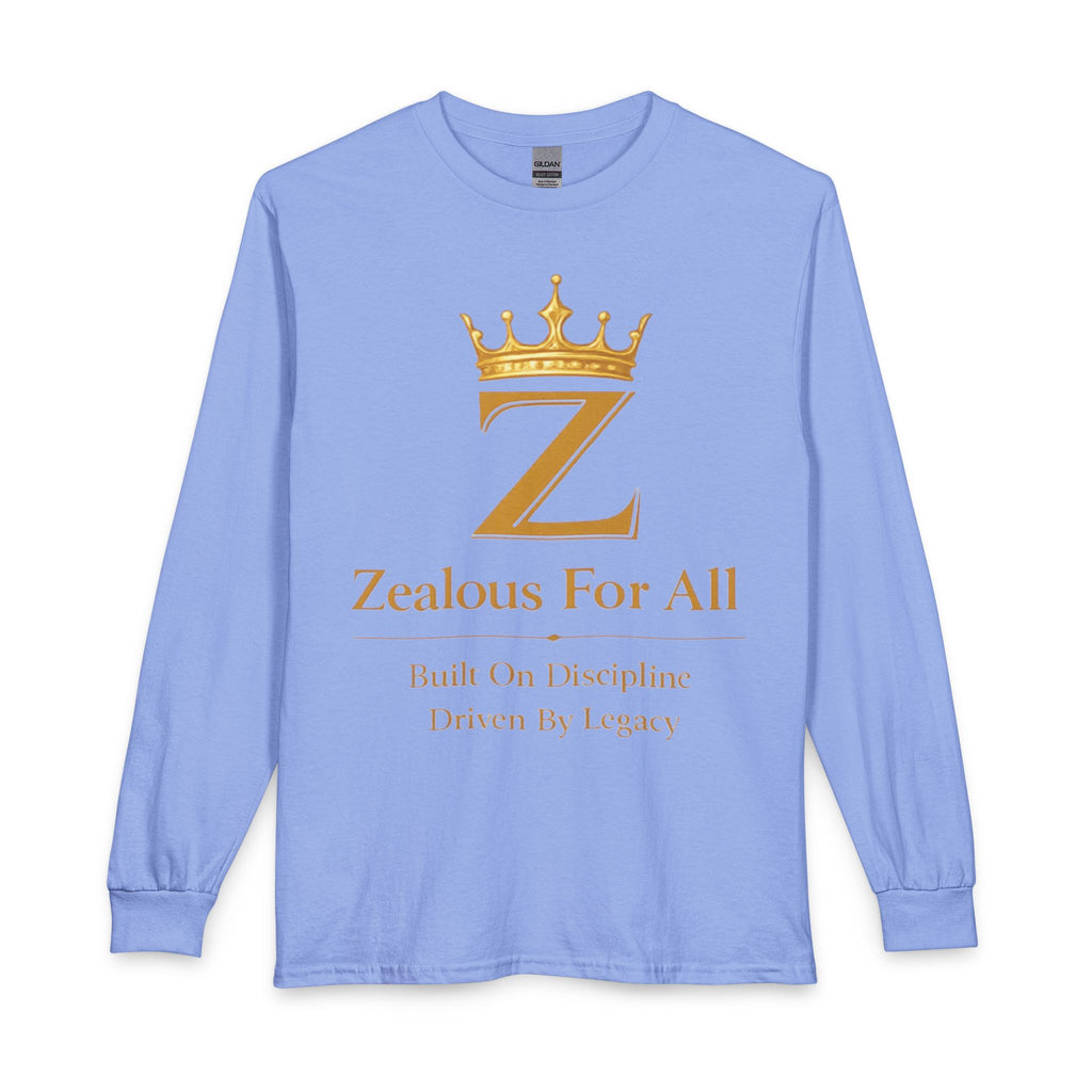 Long Sleeve Shirt — "Zealous For All" Gold Crown Logo, Motivational Athletic Streetwear Printify