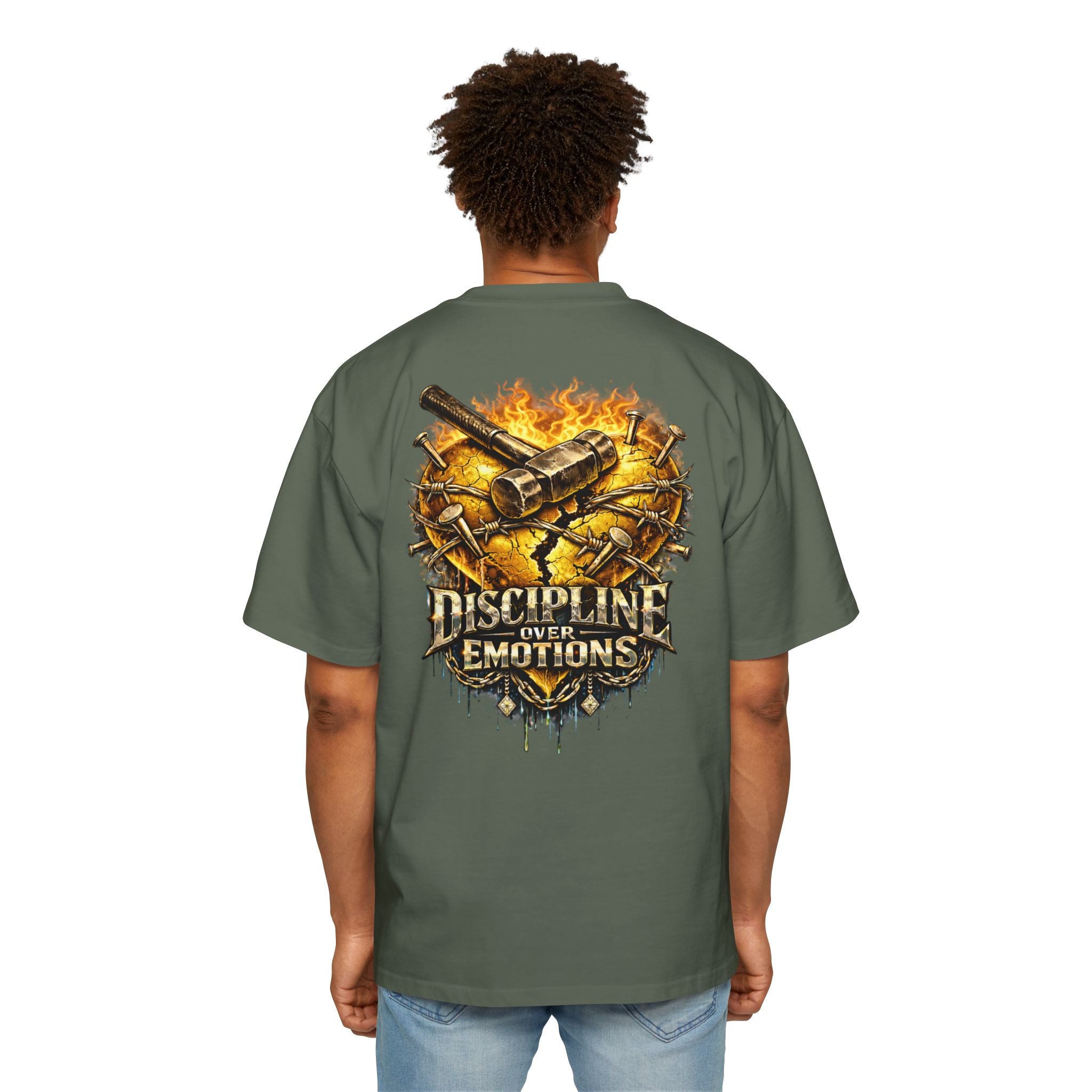 Oversized Discipline Over Emotions (Back) Graphic Tee (Gold Heart) Printify