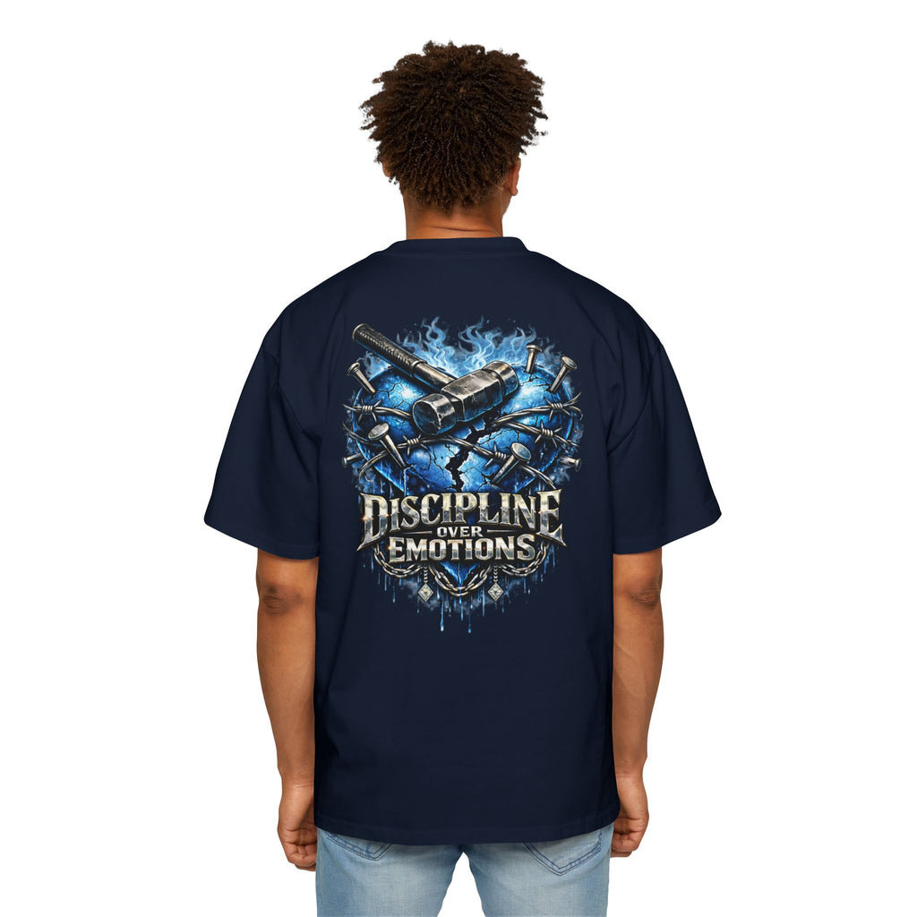 Oversized Discipline Over Emotions (Back) Graphic Tee (Blue Heart) Printify