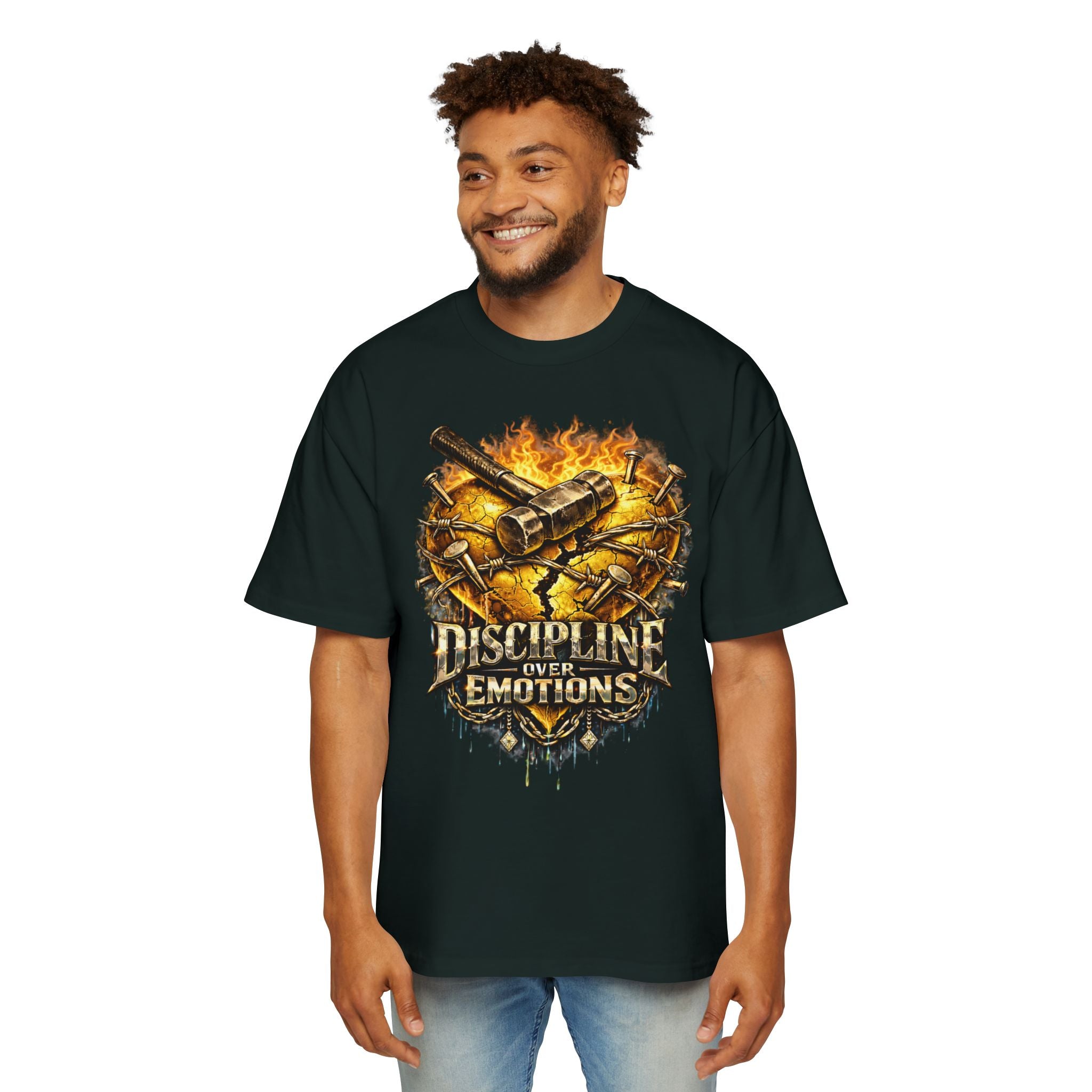 Oversized Discipline Over Emotions Graphic Tee (Gold Heart) Printify