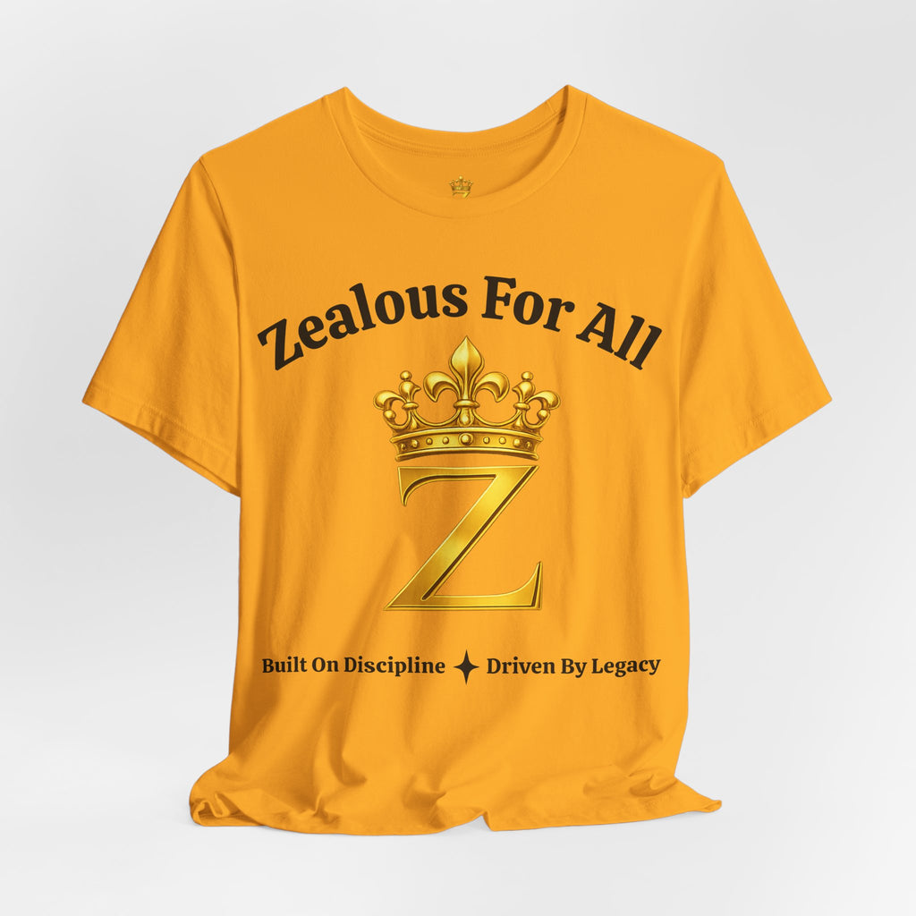 Unisex Luxury Zealous For All T-Shirt (Gold/Black Words, Big Logo T-shirt) Printify