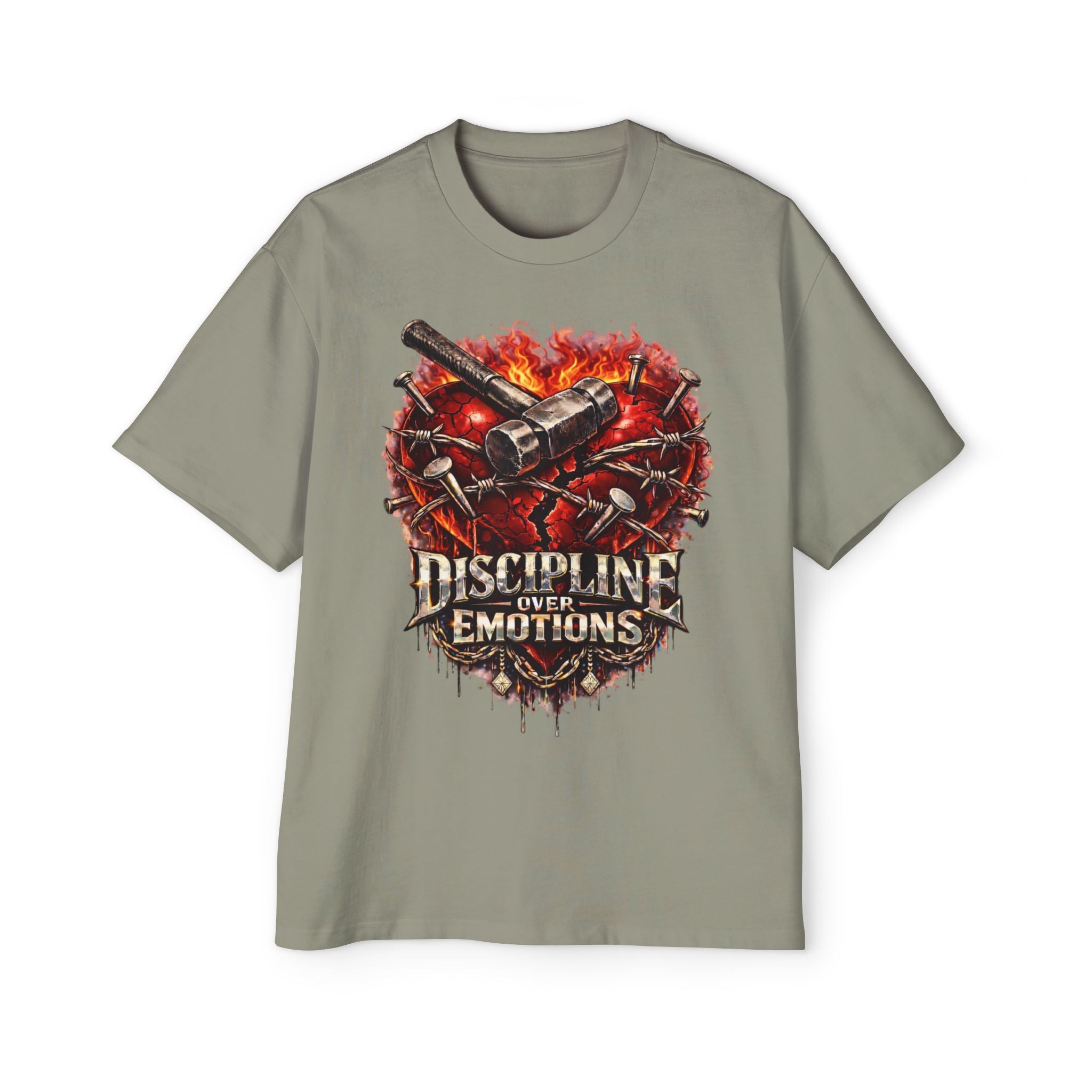 Oversized Discipline Over Emotions Graphic Tee (Front Red Heart) Printify