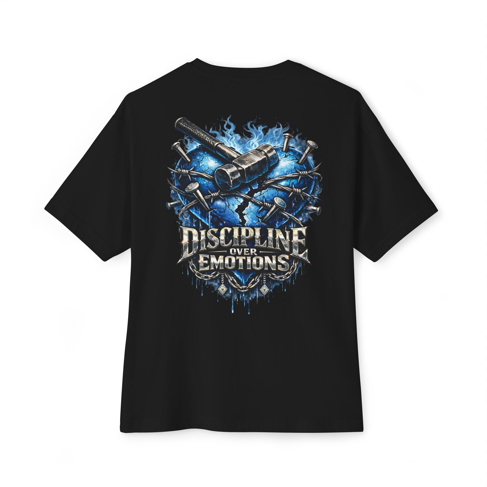 Adult *Oversized* Discipline Over Emotions (Back) Graphic Tee (Blue Heart) Printify
