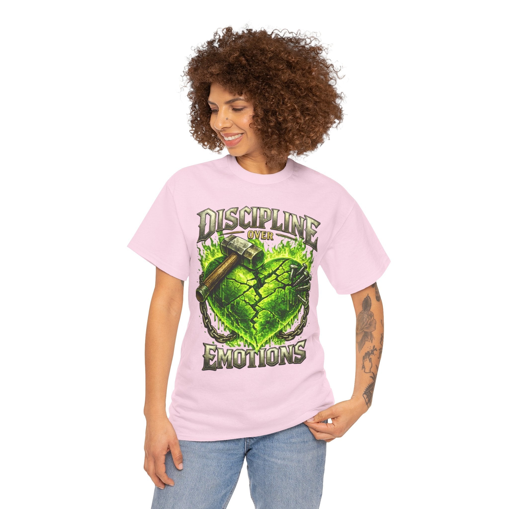 Adult Discipline Over Emotions Graphic T-Shirt (Lime Green Heart)
