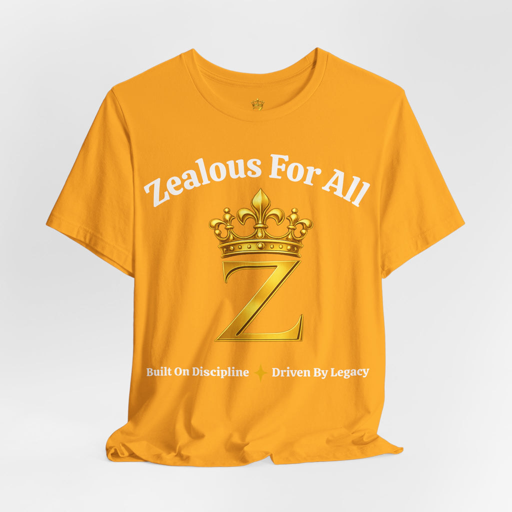 Unisex Luxury Zealous For All T-Shirt (Gold/White Words, Big Logo T-shirt) Printify