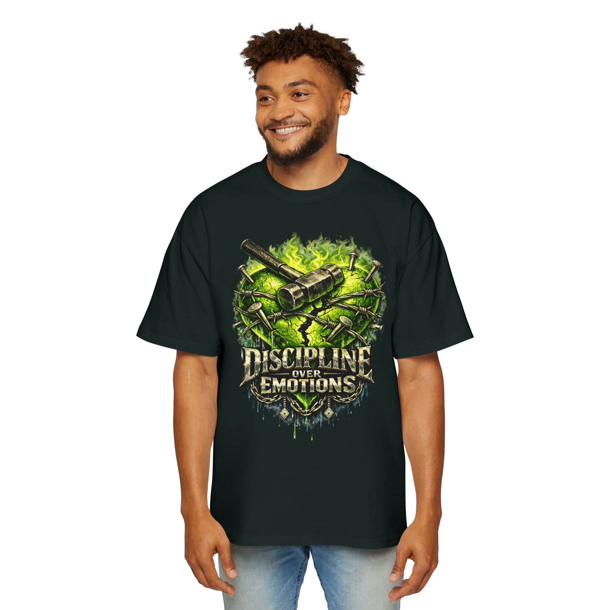 Oversized Discipline Over Emotions Graphic Tee (Green Heart) Printify