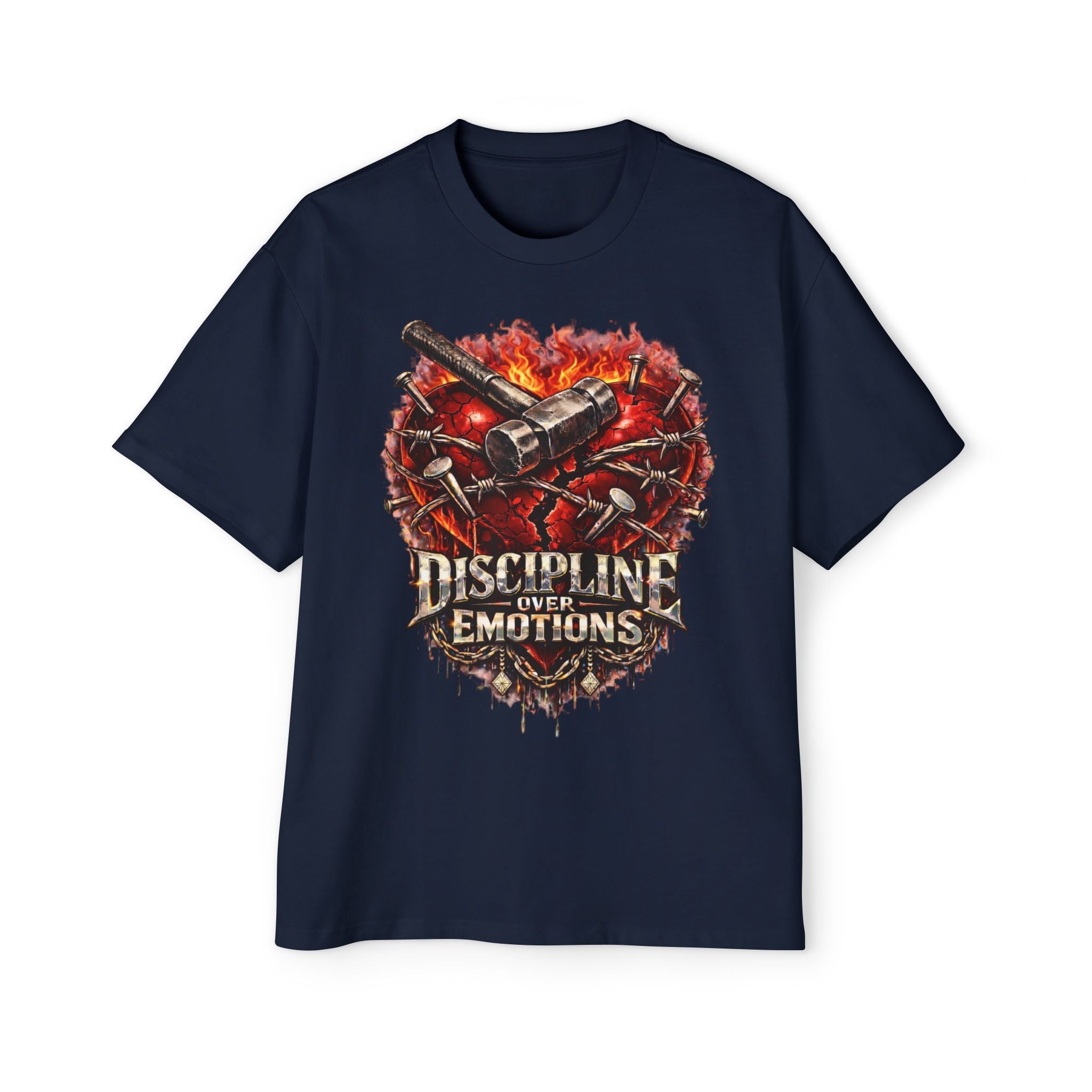 Oversized Discipline Over Emotions Graphic Tee (Front Red Heart) Printify