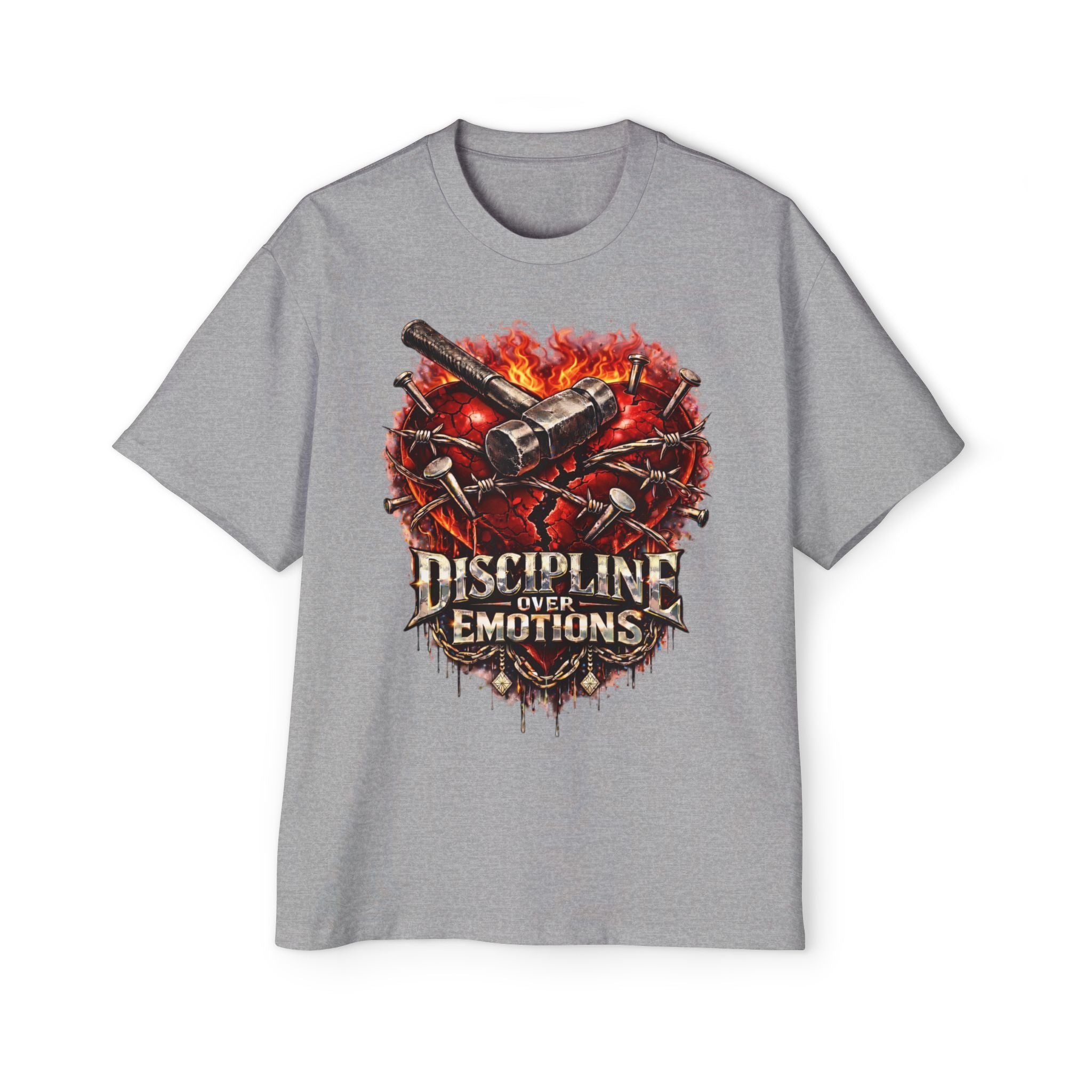 Oversized Discipline Over Emotions Graphic Tee (Front Red Heart) Printify