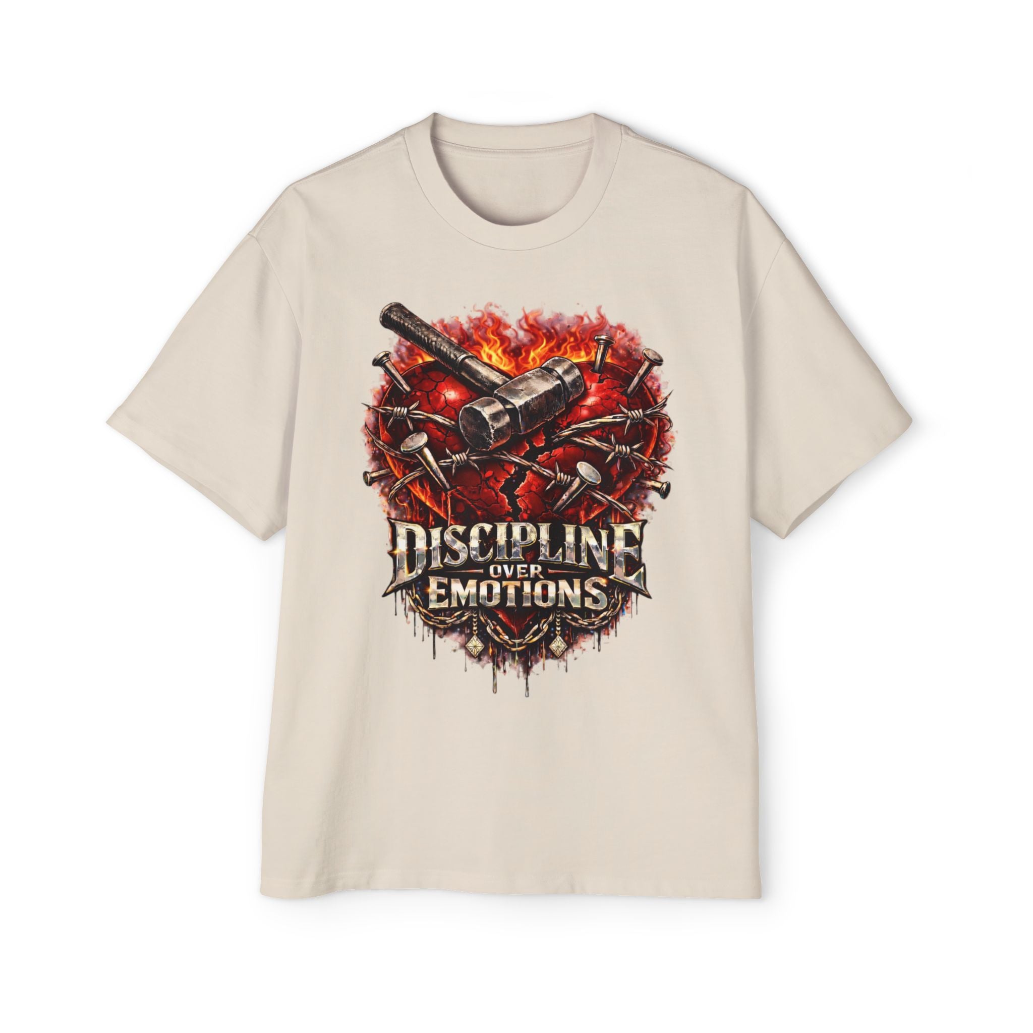 Oversized Discipline Over Emotions Graphic Tee (Front Red Heart) Printify