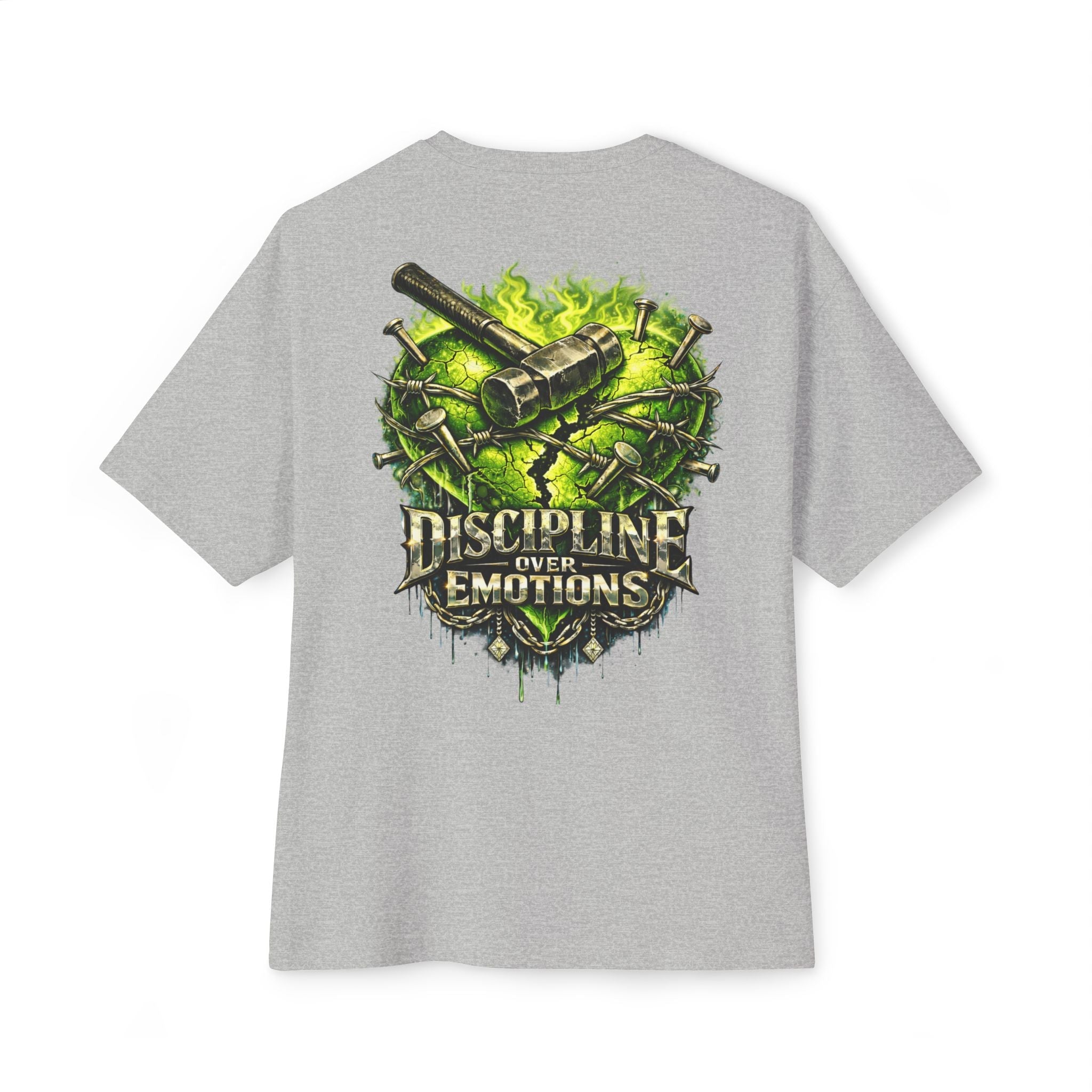 Adult *Oversized* Discipline Over Emotions (Back) Graphic Tee (Lime Green Heart) Printify